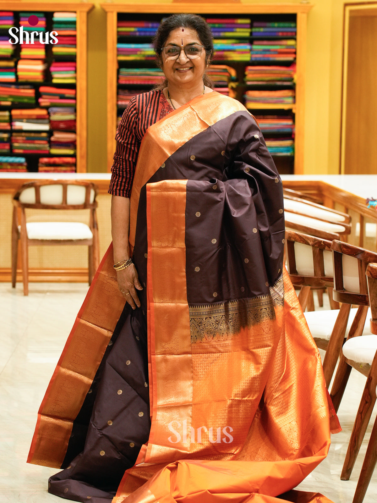 Dark Brown Halfpure Kanchipuram Silk Saree with Floral Buttas | Orange Contrast Border