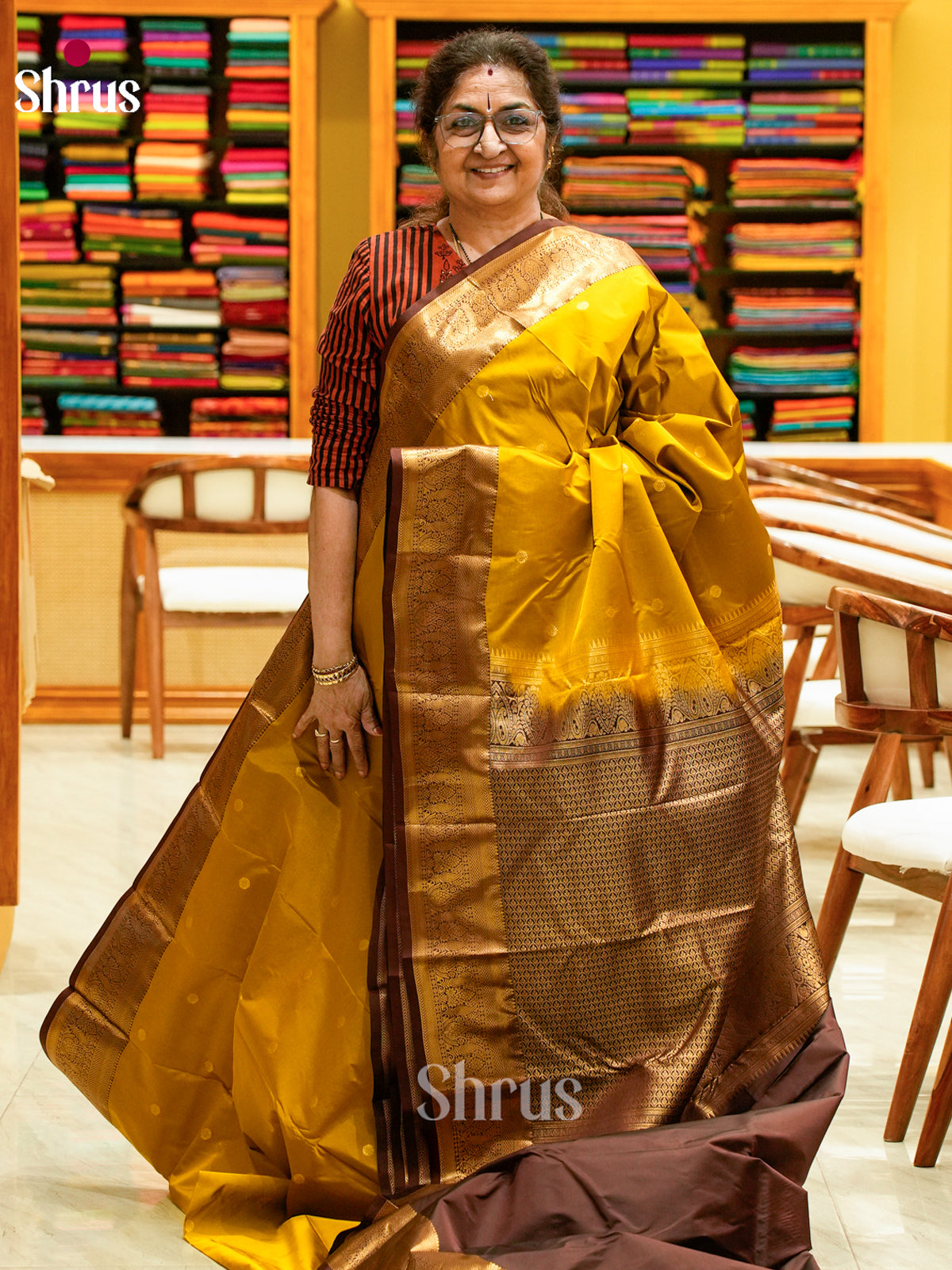 Mustard Green Halfpure Kanchipuram Silk Saree with Floral Buttas | Dark Brown Contrast Border