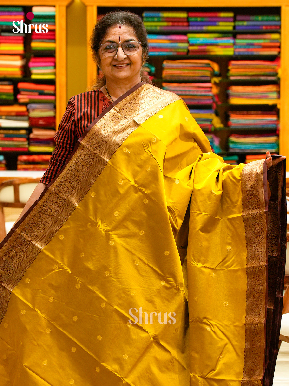 Mustard Green Halfpure Kanchipuram Silk Saree with Floral Buttas | Dark Brown Contrast Border