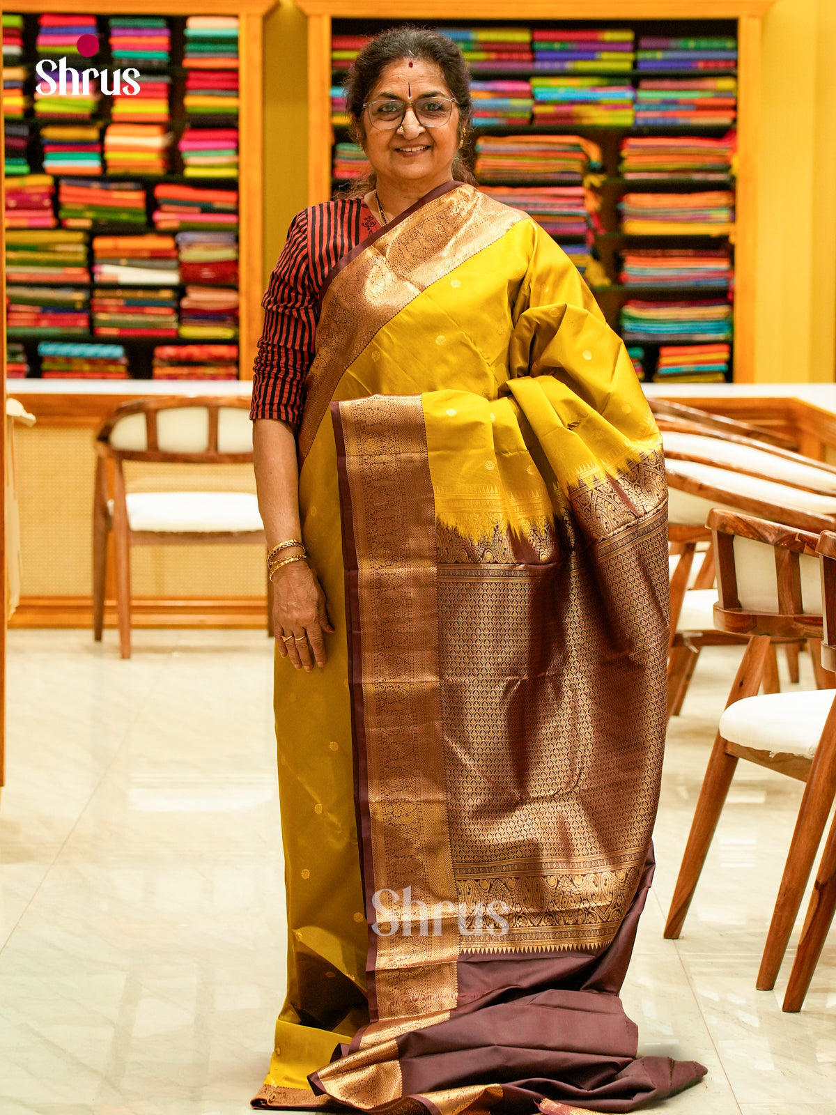 Lime Green Halfpure Kanchipuram Silk Saree with Floral Buttas | Dark Brown Contrast Border