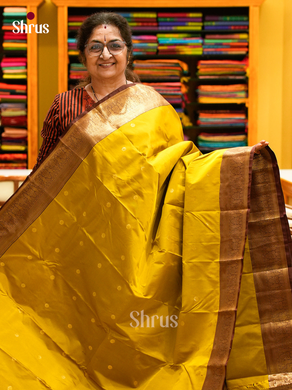 Lime Green Halfpure Kanchipuram Silk Saree with Floral Buttas | Dark Brown Contrast Border