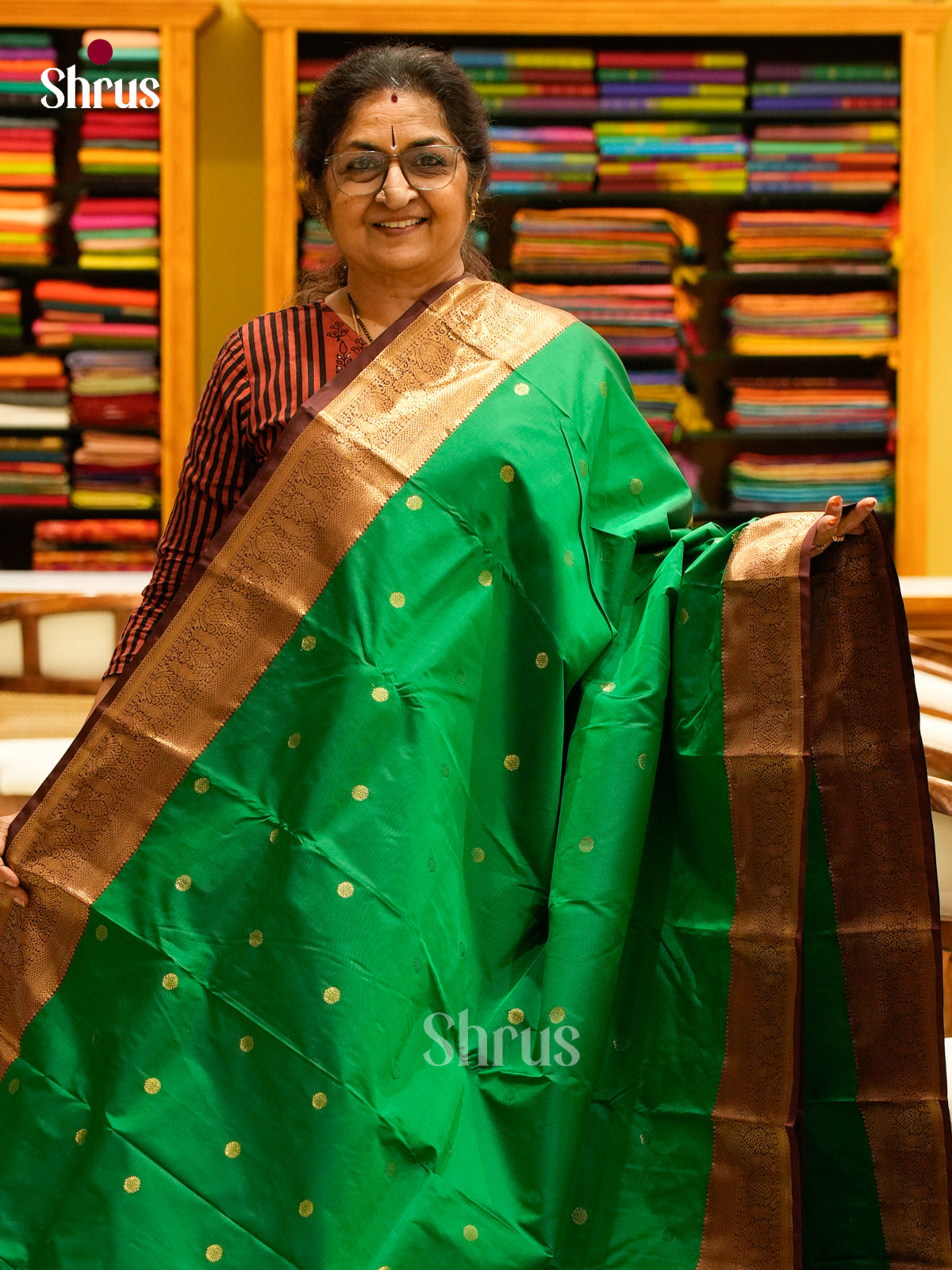 Dark Green Halfpure Kanchipuram Silk Saree with Floral Buttas | Dark Brown Contrast Border