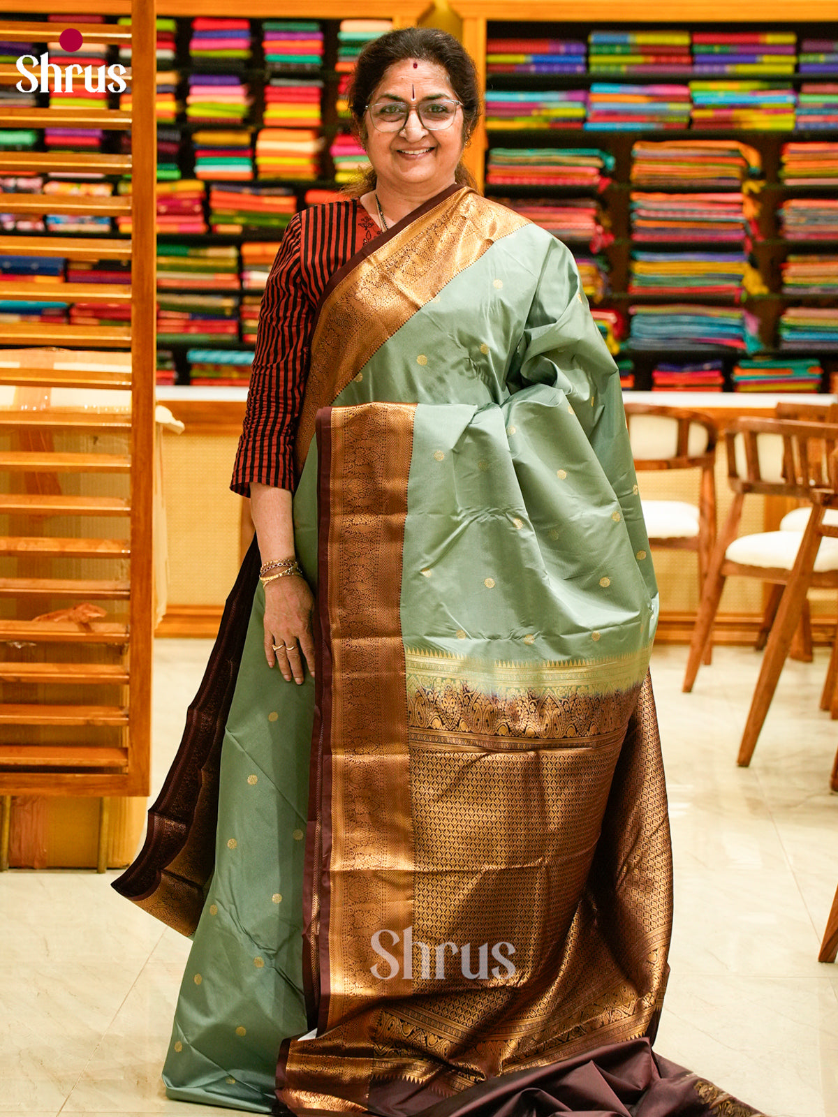 Sea Green Halfpure Kanchipuram Silk Saree with Floral Buttas | Dark Maroon Contrast Border