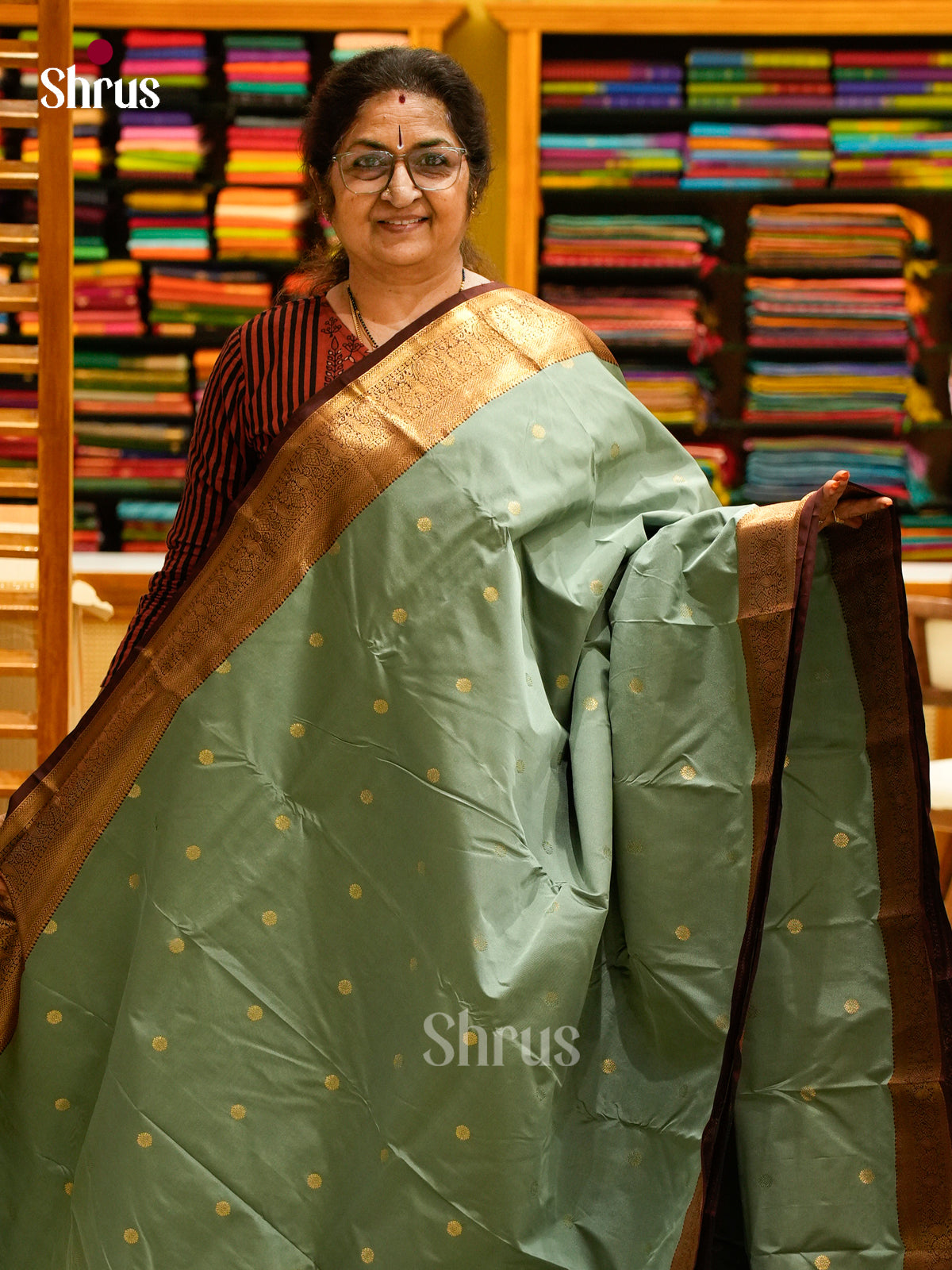 Sea Green Halfpure Kanchipuram Silk Saree with Floral Buttas | Dark Maroon Contrast Border