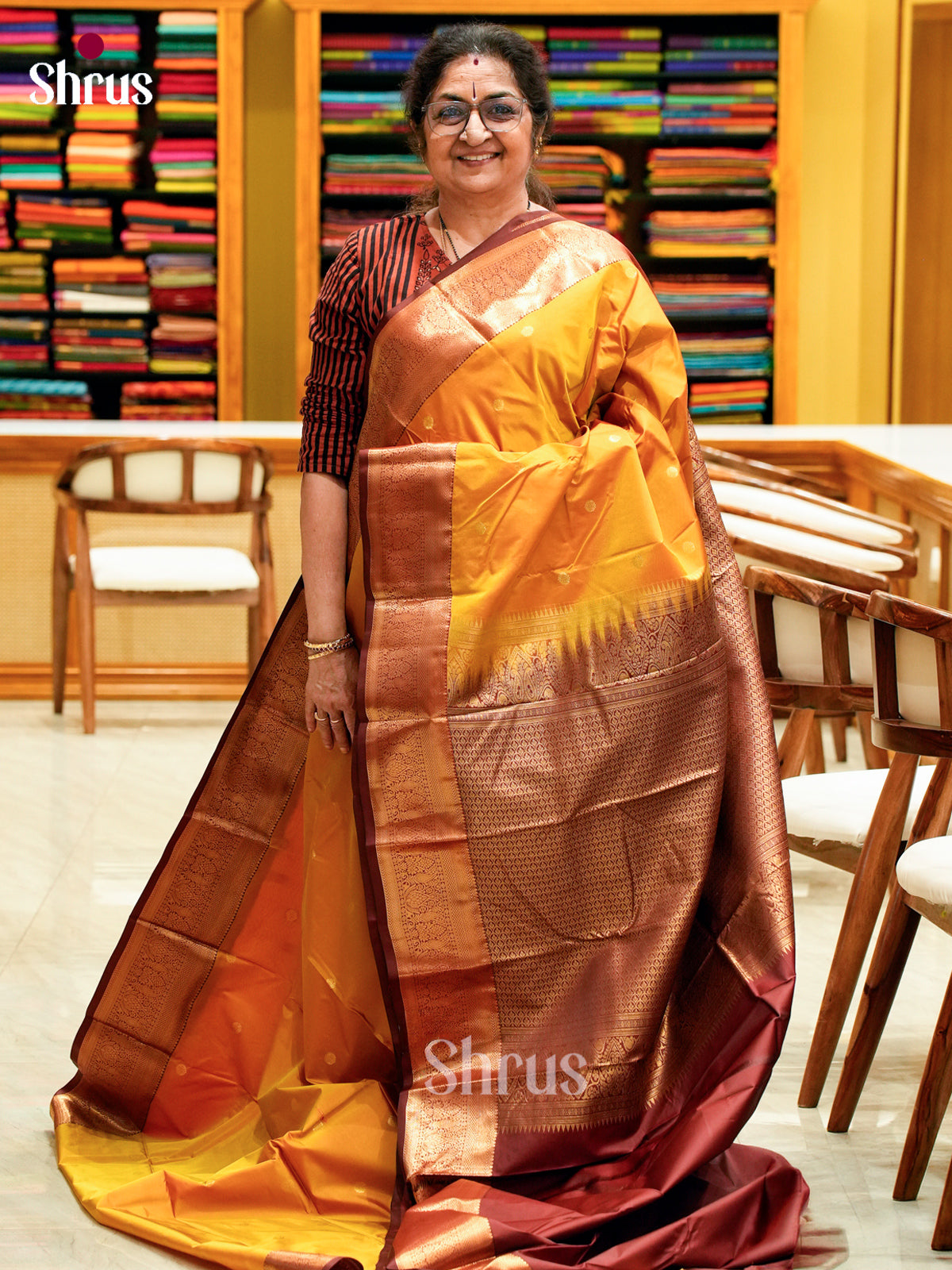 Dual Tone [Color] Halfpure Kanchipuram Silk Saree with Floral Buttas | Dark Brown Contrast Border