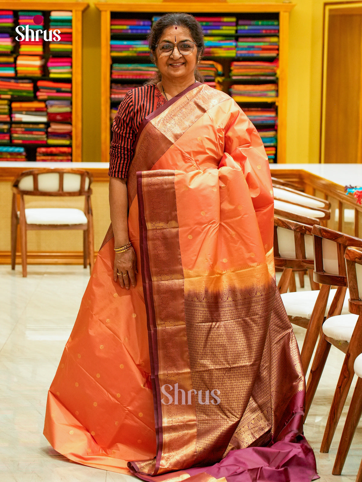 Peach Halfpure Kanchipuram Silk Saree with Floral Buttas | Maroon Contrast Border