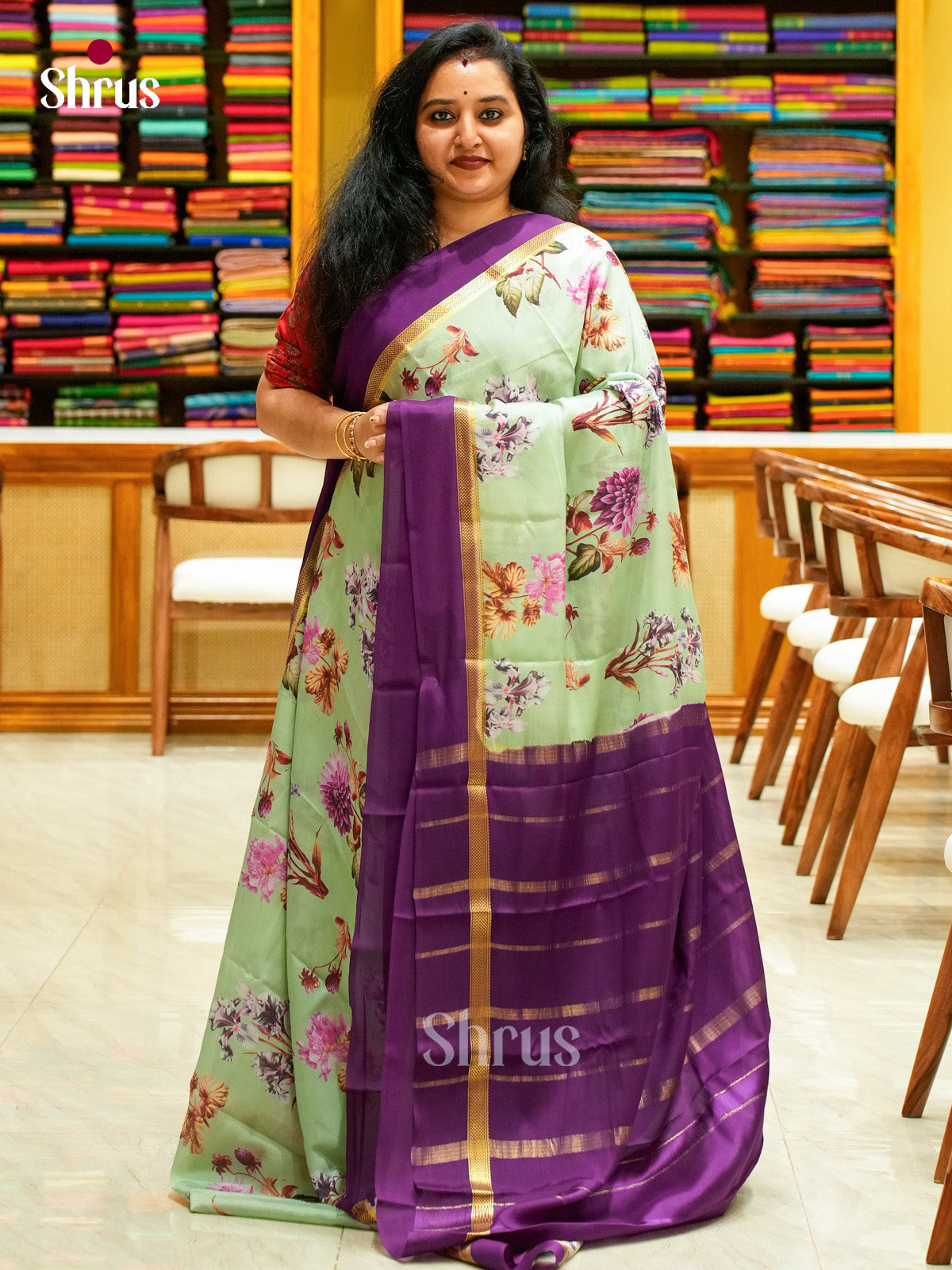 Sky Blue Mysore Silk Saree with Floral Buttas | Violet Contrast Border — EGS02001