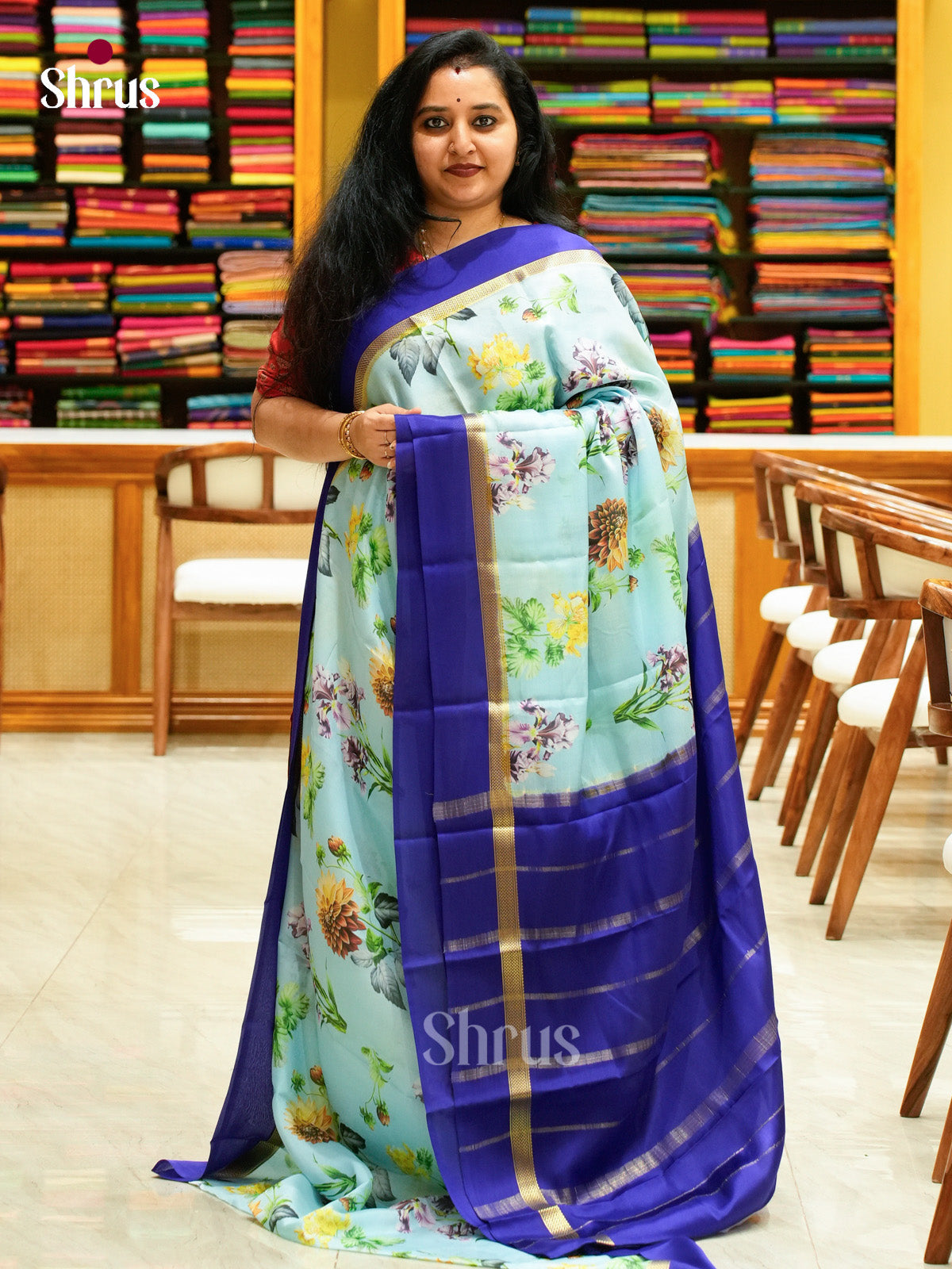 Sky Blue Mysore Silk Saree with Floral Buttas | Royal Blue Contrast Border — Contrast Border with Motifs - Shop on Shrus.com