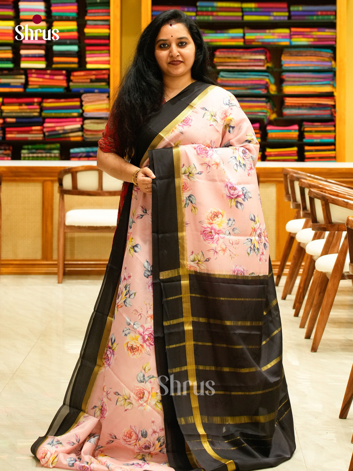 Baby Pink Mysore Silk Saree with Floral Buttas | Black Contrast Border