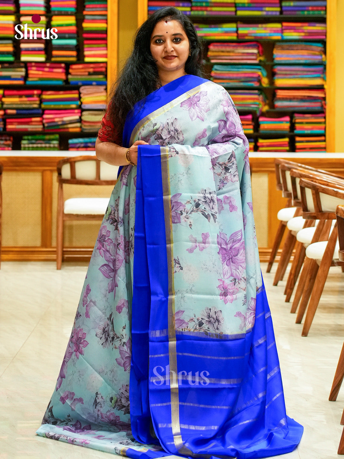 Sky Blue Mysore Silk Saree with Floral Buttas | Royal Blue Contrast Border — EGS02007 - Shop on Shrus.com
