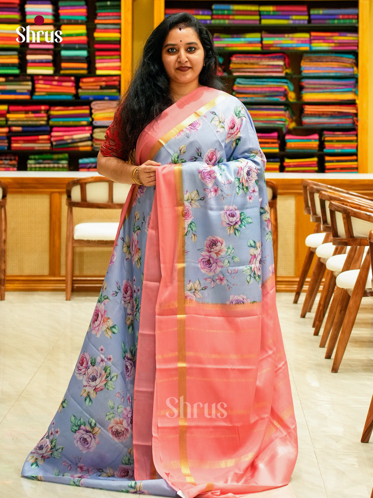 Sky Blue Mysore Silk Saree with Floral Buttas | Salmon Pink Contrast Border - Shop on Shrus.com