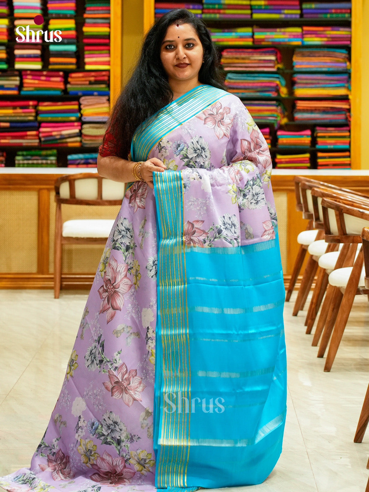 Purple Mysore Silk Saree with Floral Buttas | Sky Blue Contrast Border