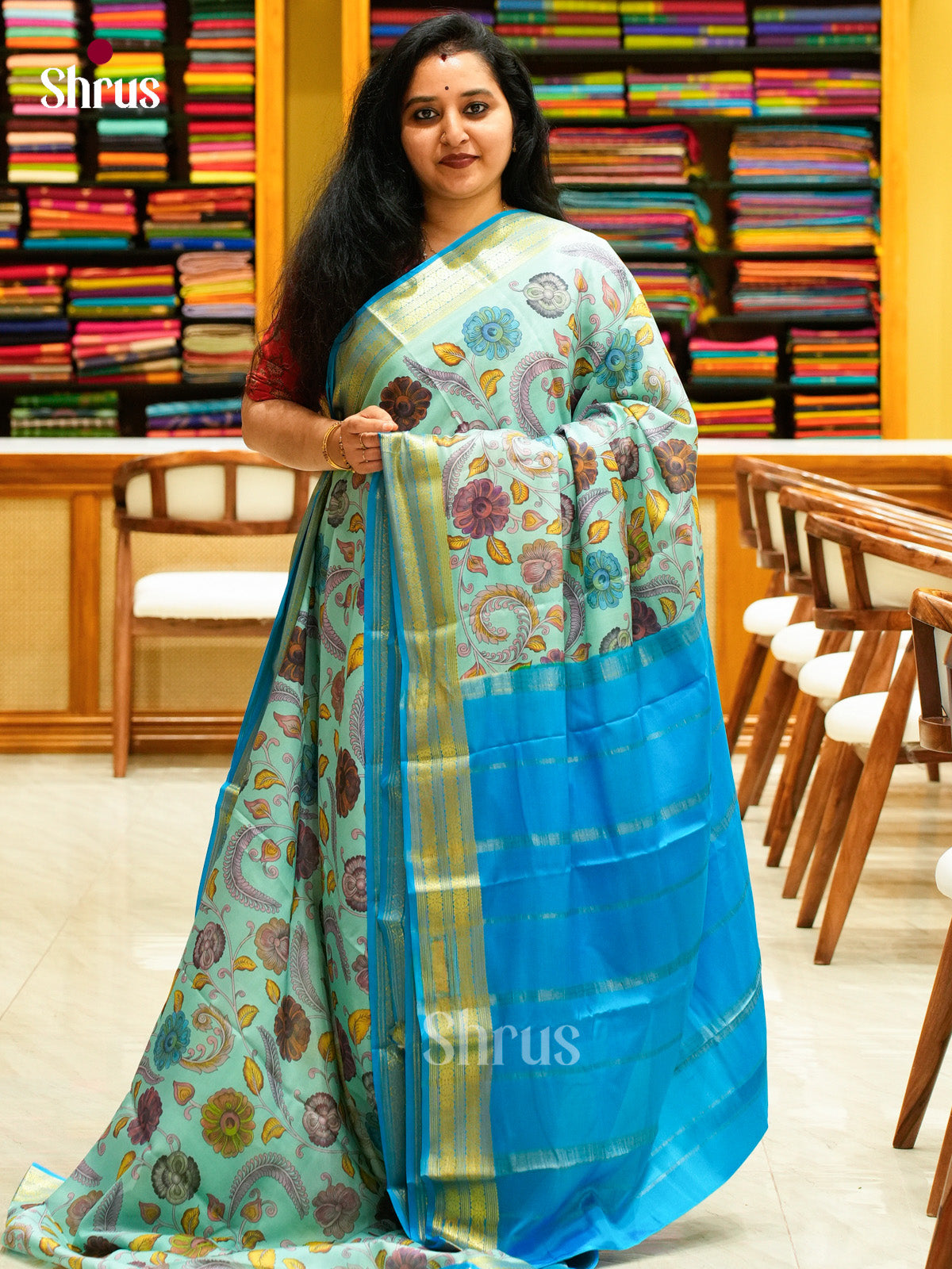 Teal Green Mysore Silk Saree with Floral Buttas | Sky Blue Contrast Border - Shop on Shrus.com