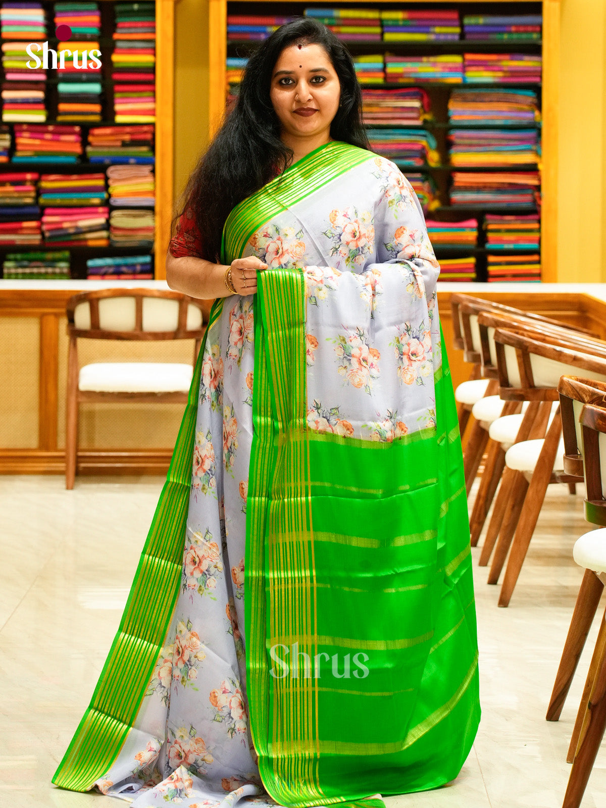Sky Blue Mysore Silk Saree with Floral Buttas | Parrot Green Contrast Border