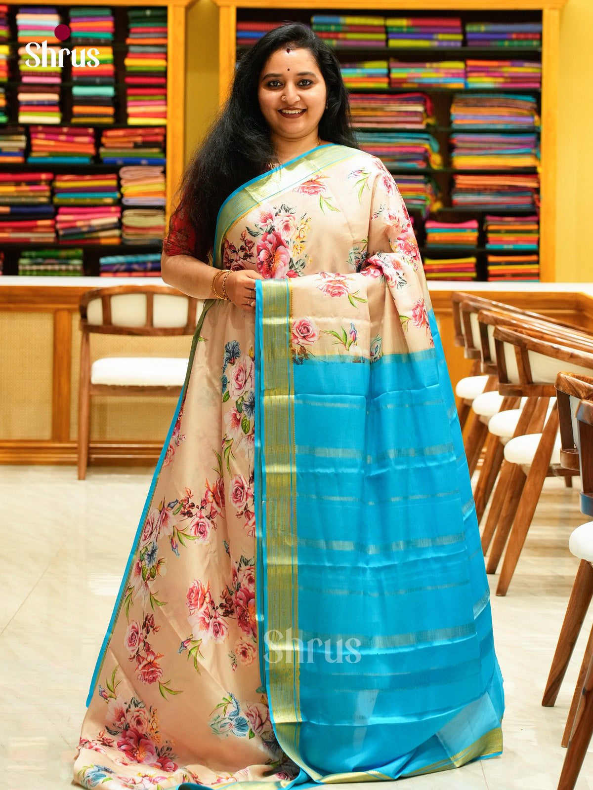 Cream Mysore Silk Saree with Floral Buttas | Sky Blue Contrast Border