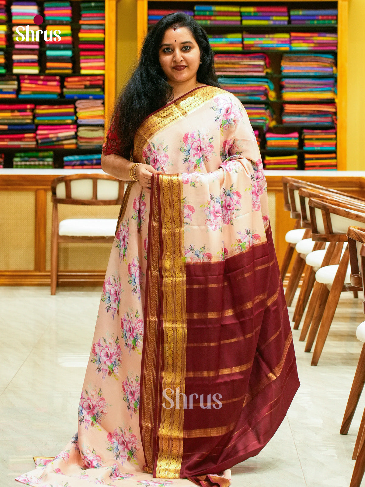 Baby Pink Mysore Silk Saree with Floral Buttas | Maroon Contrast Border — Contrast Border with Motifs - Shop on Shrus.com