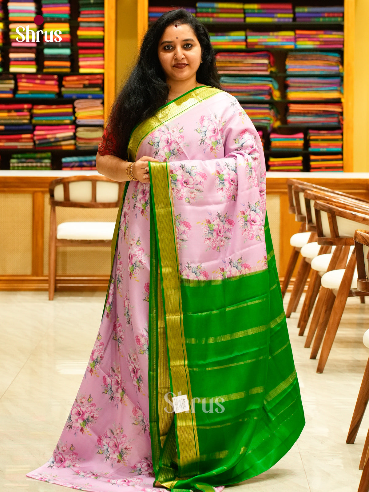 Purple Mysore Silk Saree with Floral Buttas | Parrot Green Contrast Border — Contrast Border with Motifs - Shop on Shrus.com