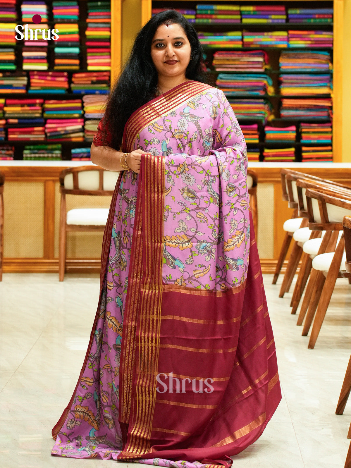 Pink Mysore Silk Saree with Floral Buttas | Maroon Contrast Border