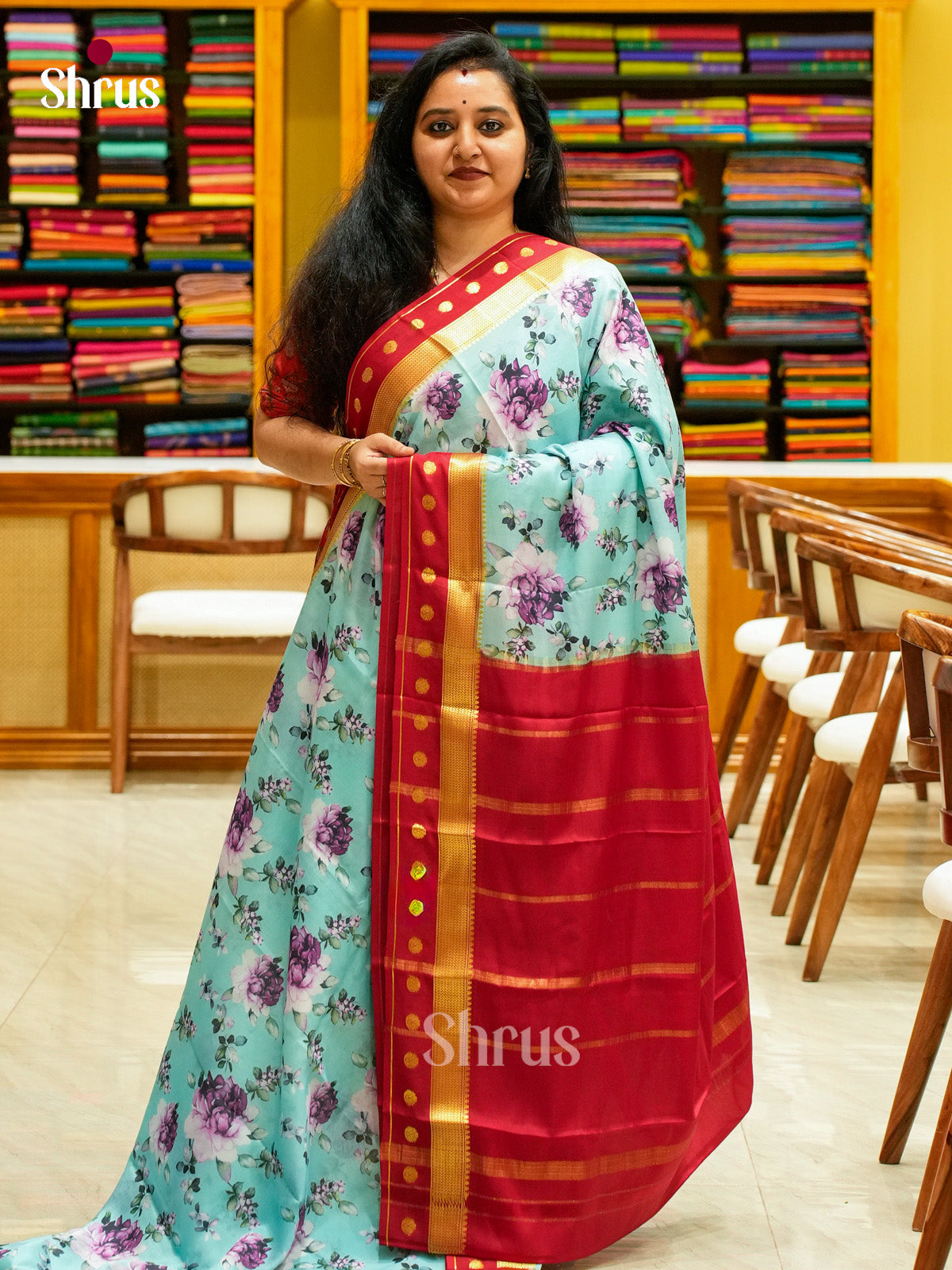 Sky Blue Mysore Silk Saree with Floral Buttas | Red Contrast Border
