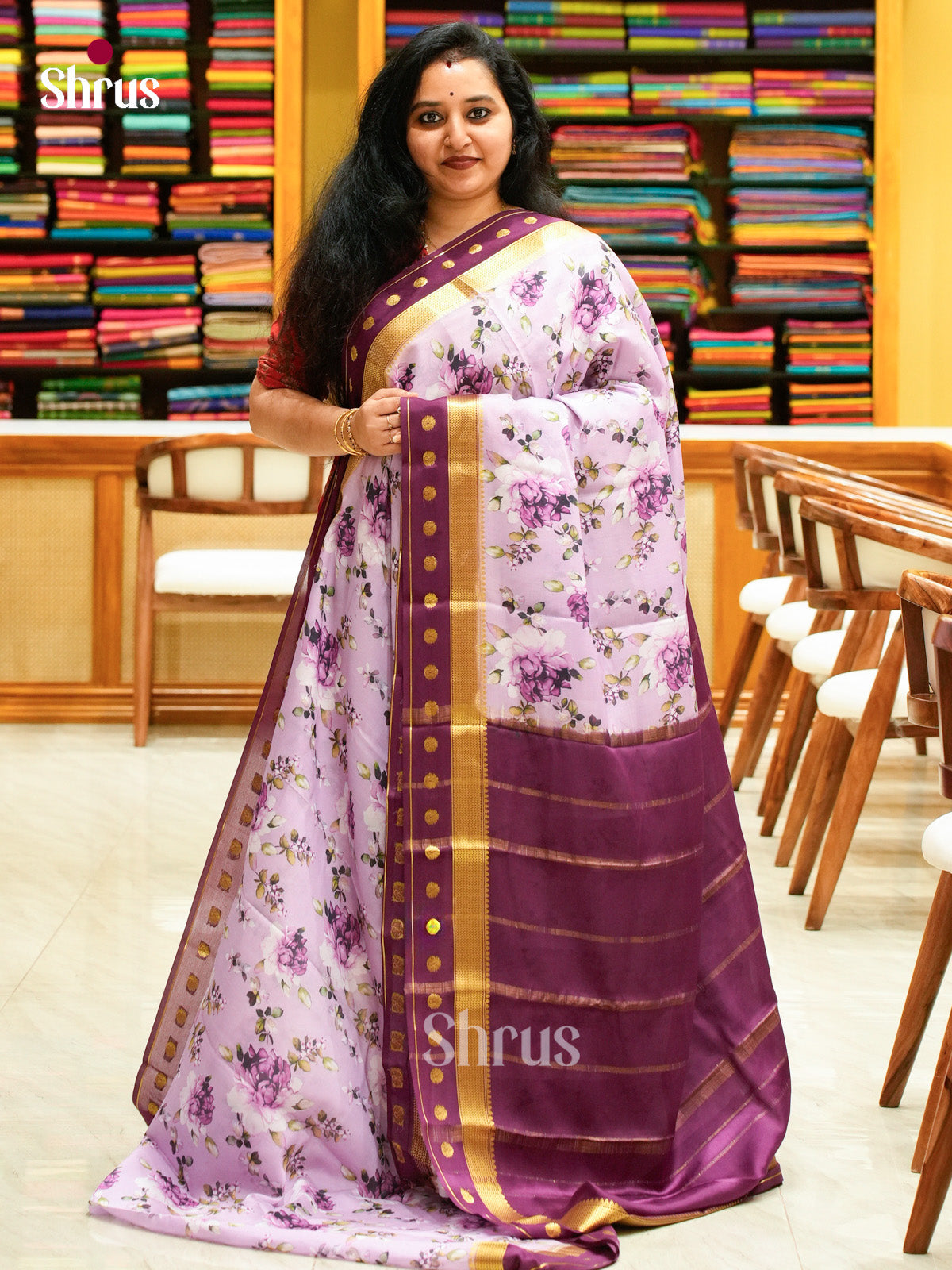 Purple Mysore Silk Saree with Floral Buttas | Magenta Contrast Border - Shop on Shrus.com