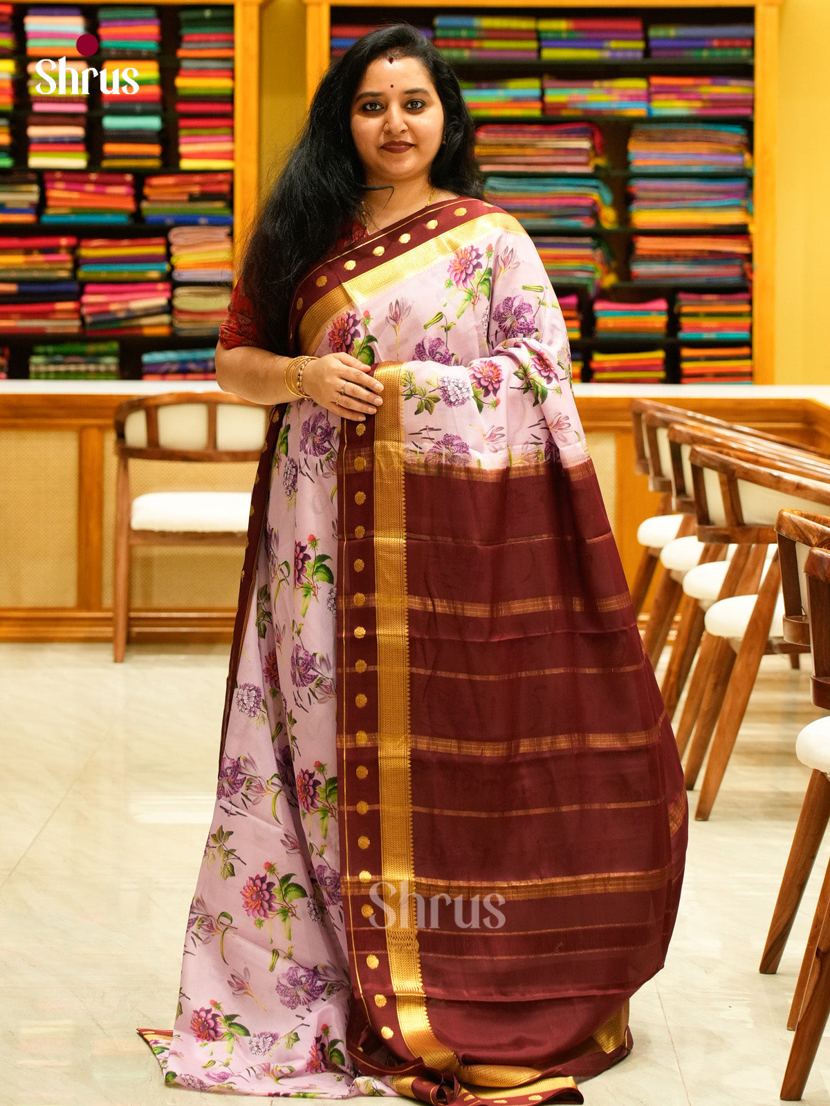 Purple Mysore Silk Saree with Floral Buttas | Maroon Contrast Border