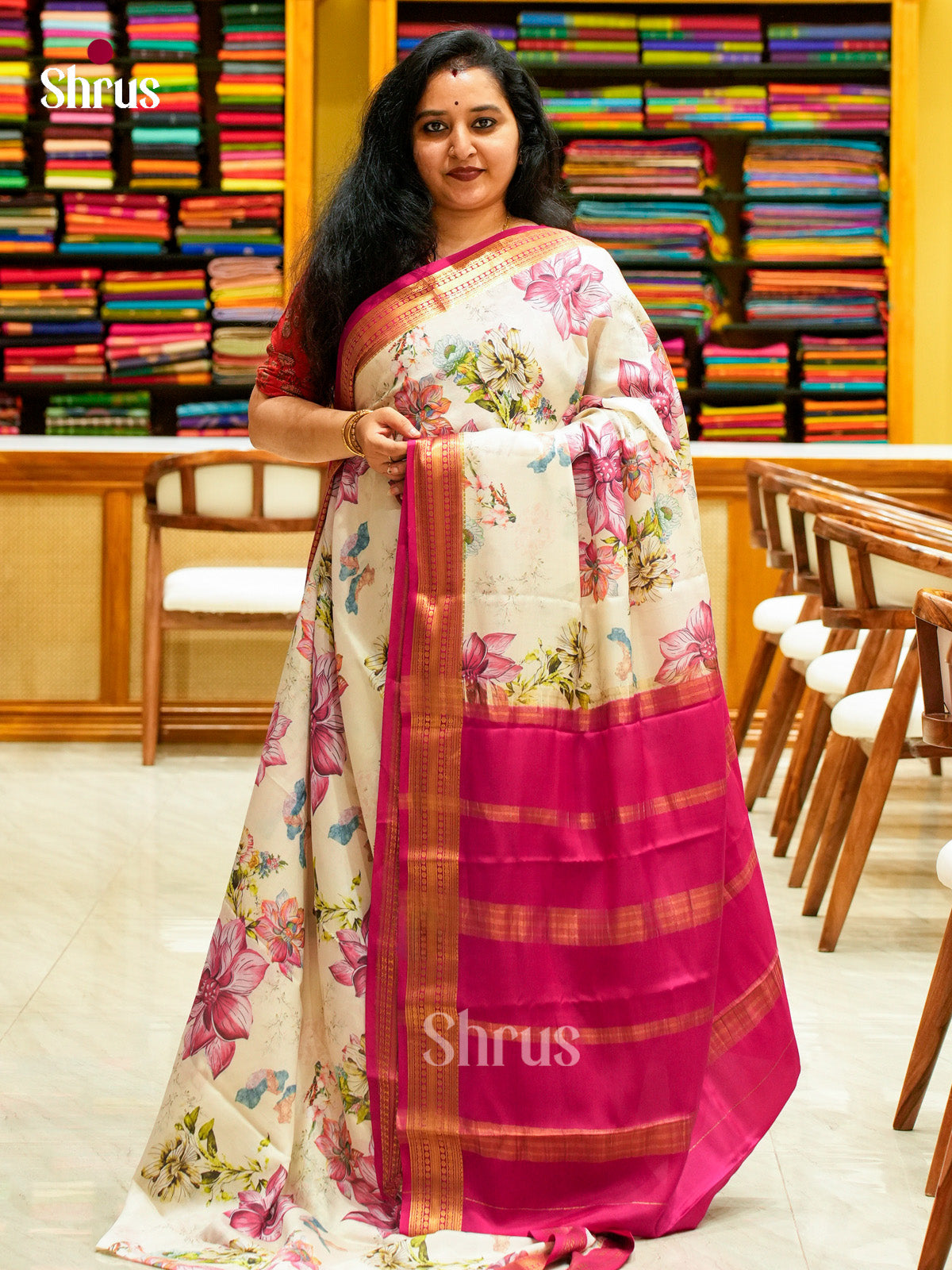 Cream Mysore Silk Saree with Floral Buttas | Pink Contrast Border - Shop on Shrus.com