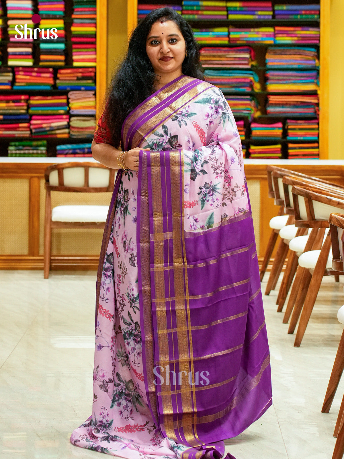 Purple Mysore Silk Saree with Floral Buttas | Violet Contrast Border
