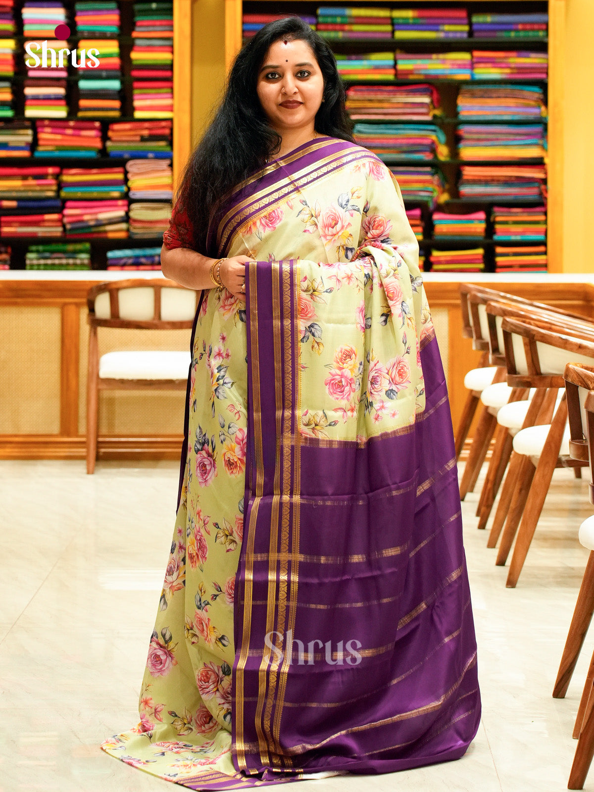 Pista Green Mysore Silk Saree with Floral Buttas | Violet Contrast Border