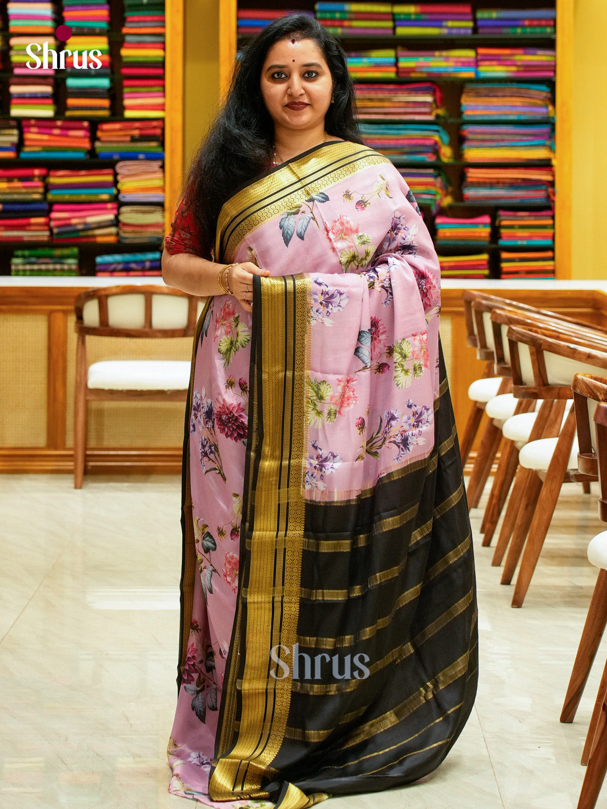Purple Mysore Silk Saree with Floral Buttas | Black Contrast Border — EGS02036 - Shop on Shrus.com
