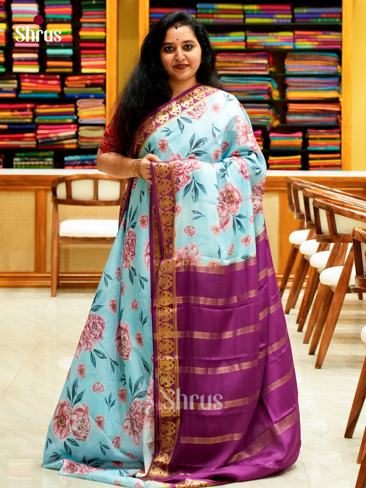 Sky Blue Mysore Silk Saree with Floral Buttas | Violet Contrast Border — Contrast Border with Motifs