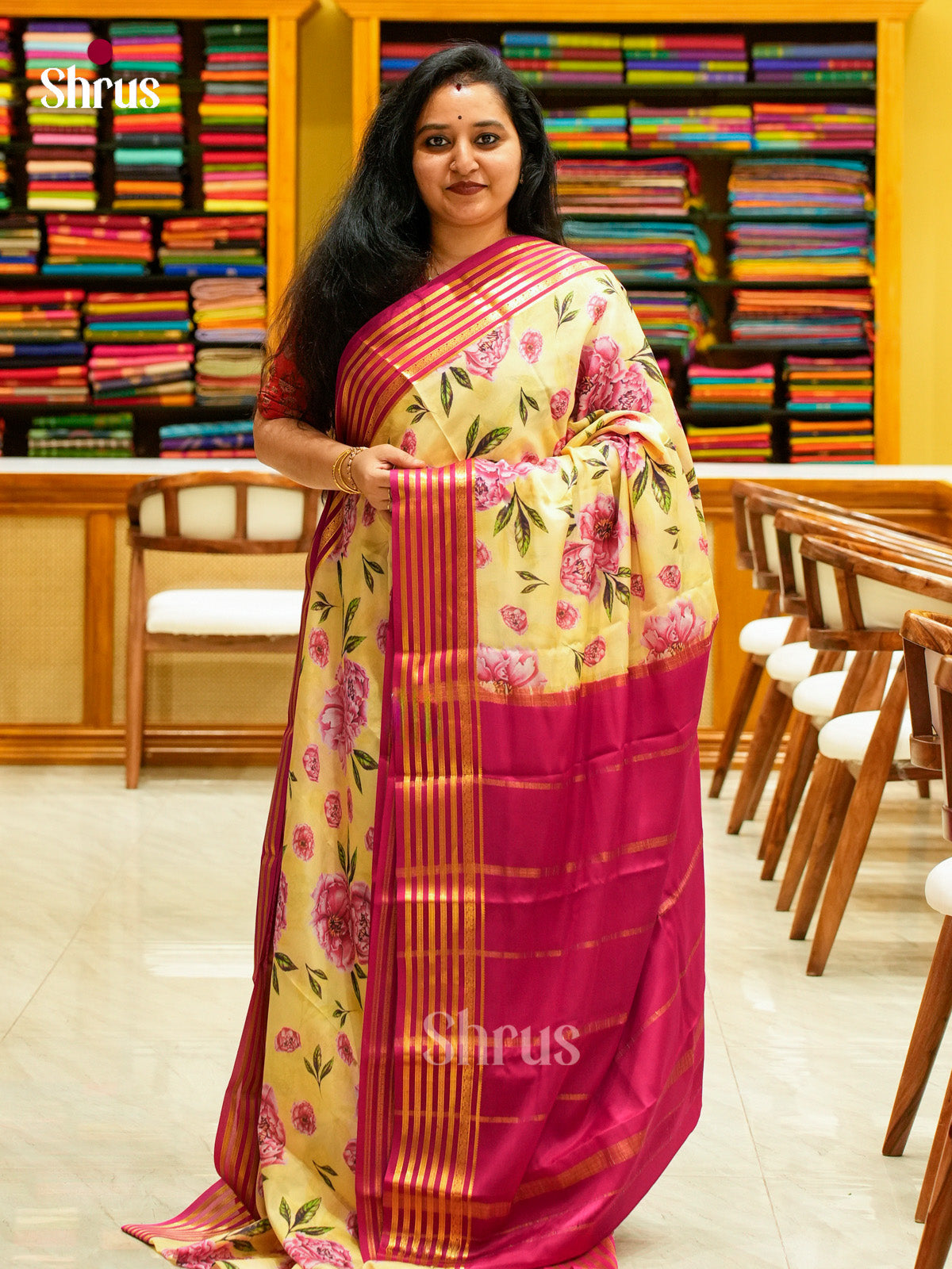 Yellow Mysore Silk Saree with Floral Buttas | Pink Contrast Border - Shop on Shrus.com