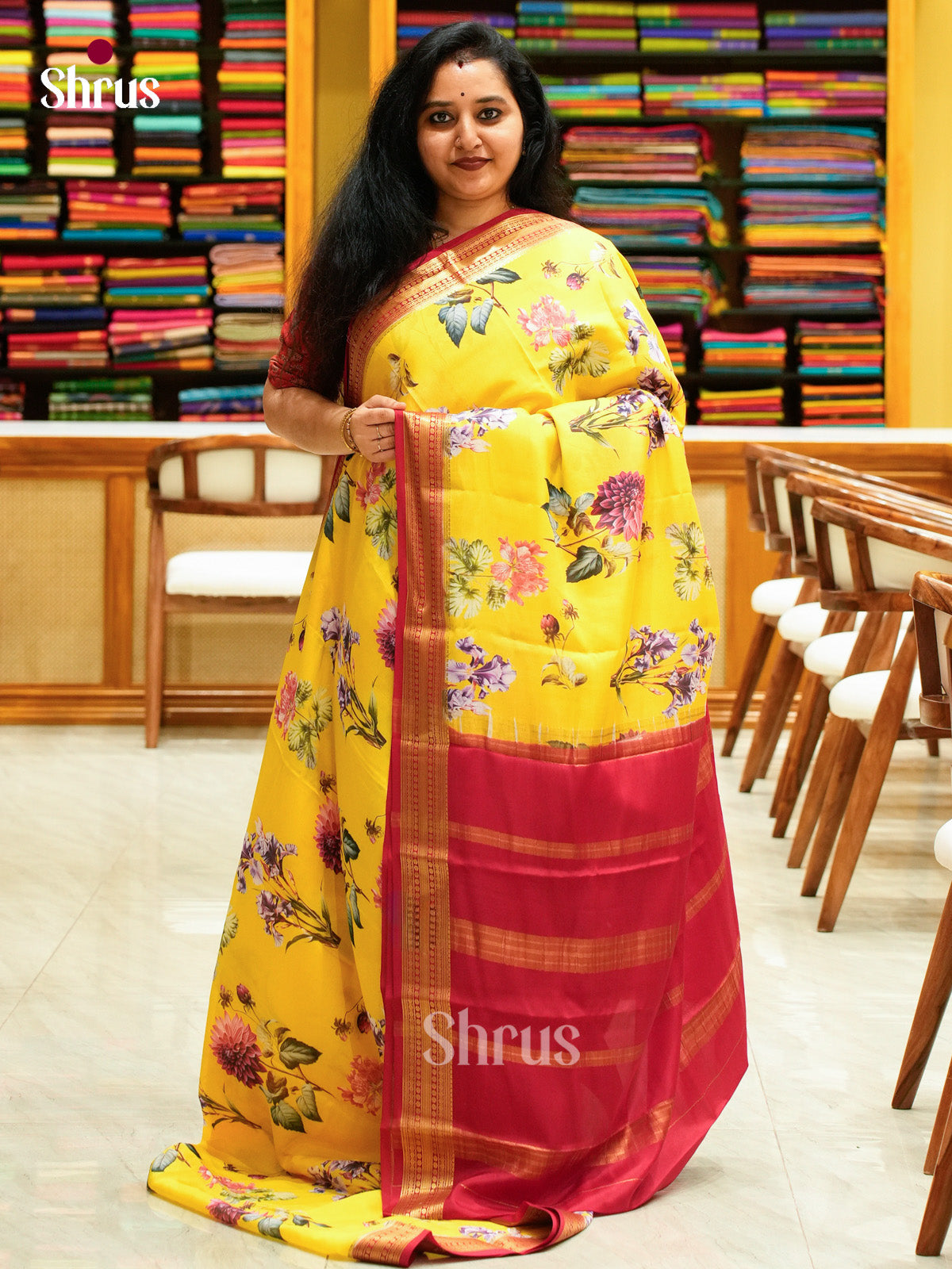 Yellow Mysore Silk Saree with Floral Buttas | Red Contrast Border - Shop on Shrus.com