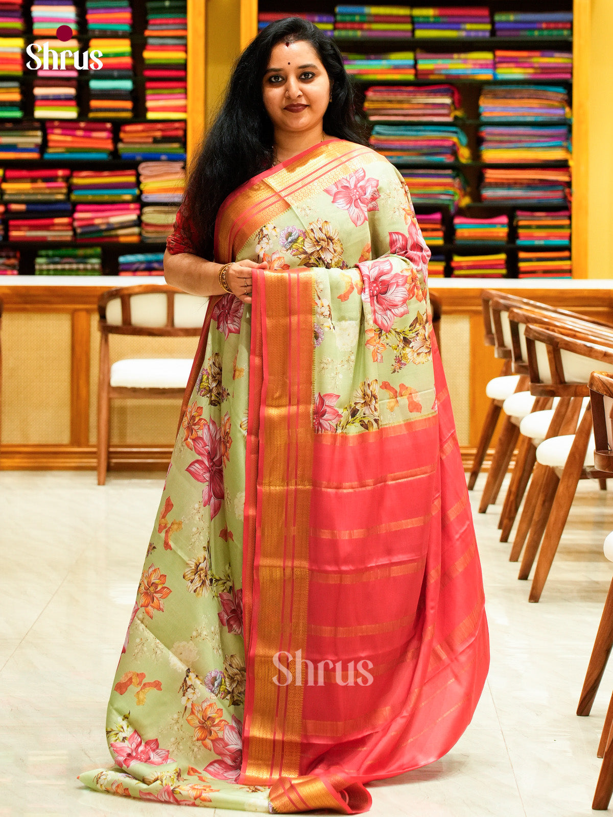 Pista Green Mysore Silk Saree with Floral Buttas | Baby Pink Contrast Border - Shop on Shrus.com
