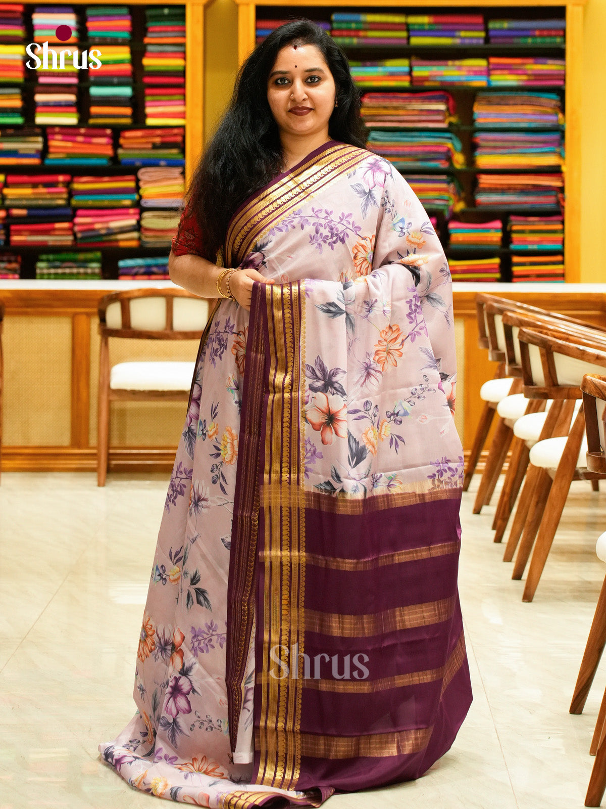 Purple Mysore Silk Saree with Floral Buttas | Magenta Contrast Border — EGS02046