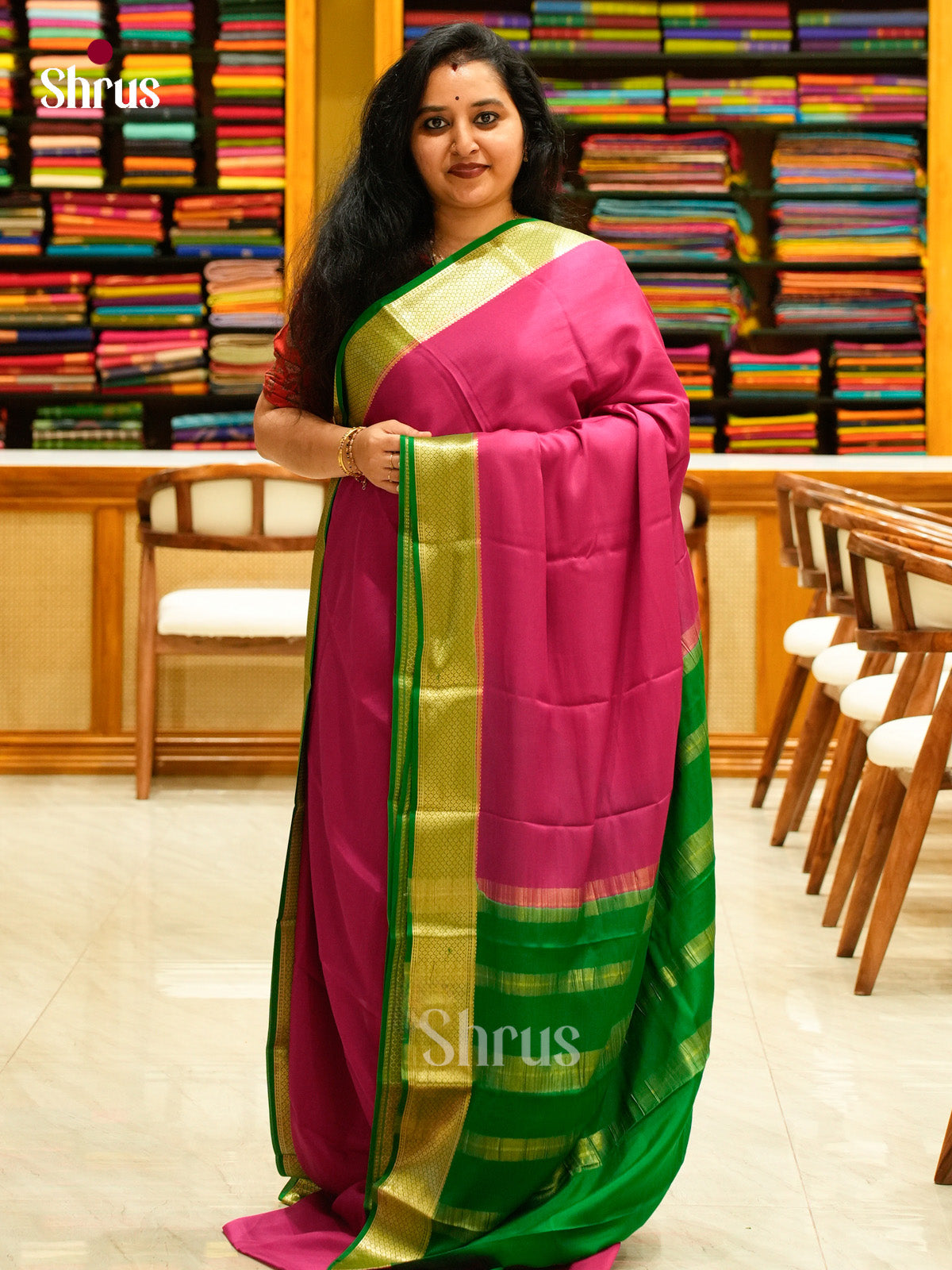 Rani Pink Mysore Silk Saree | Green Contrast Border