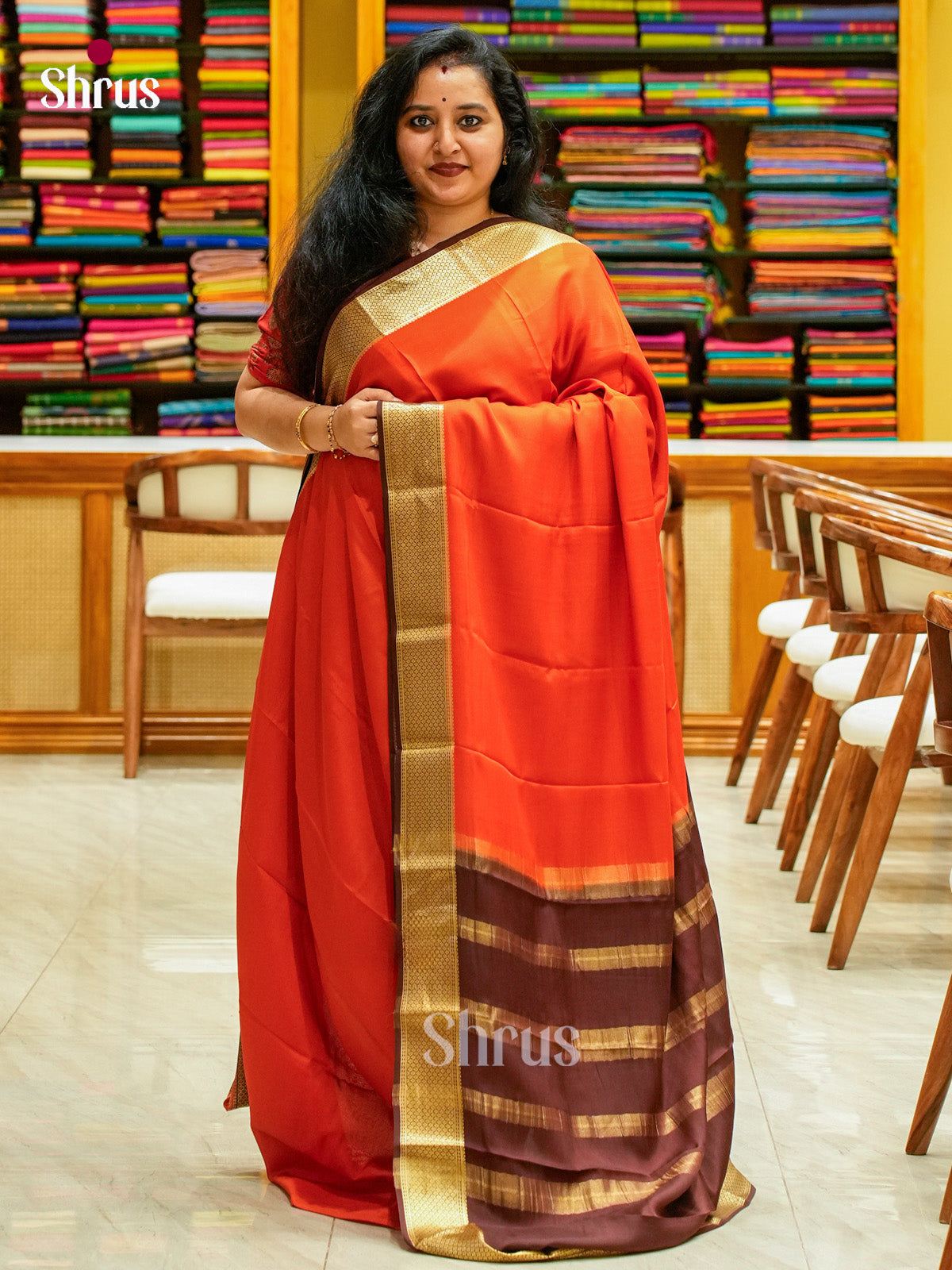 Rust Orange Mysore Silk Saree | Dark Brown Contrast Border