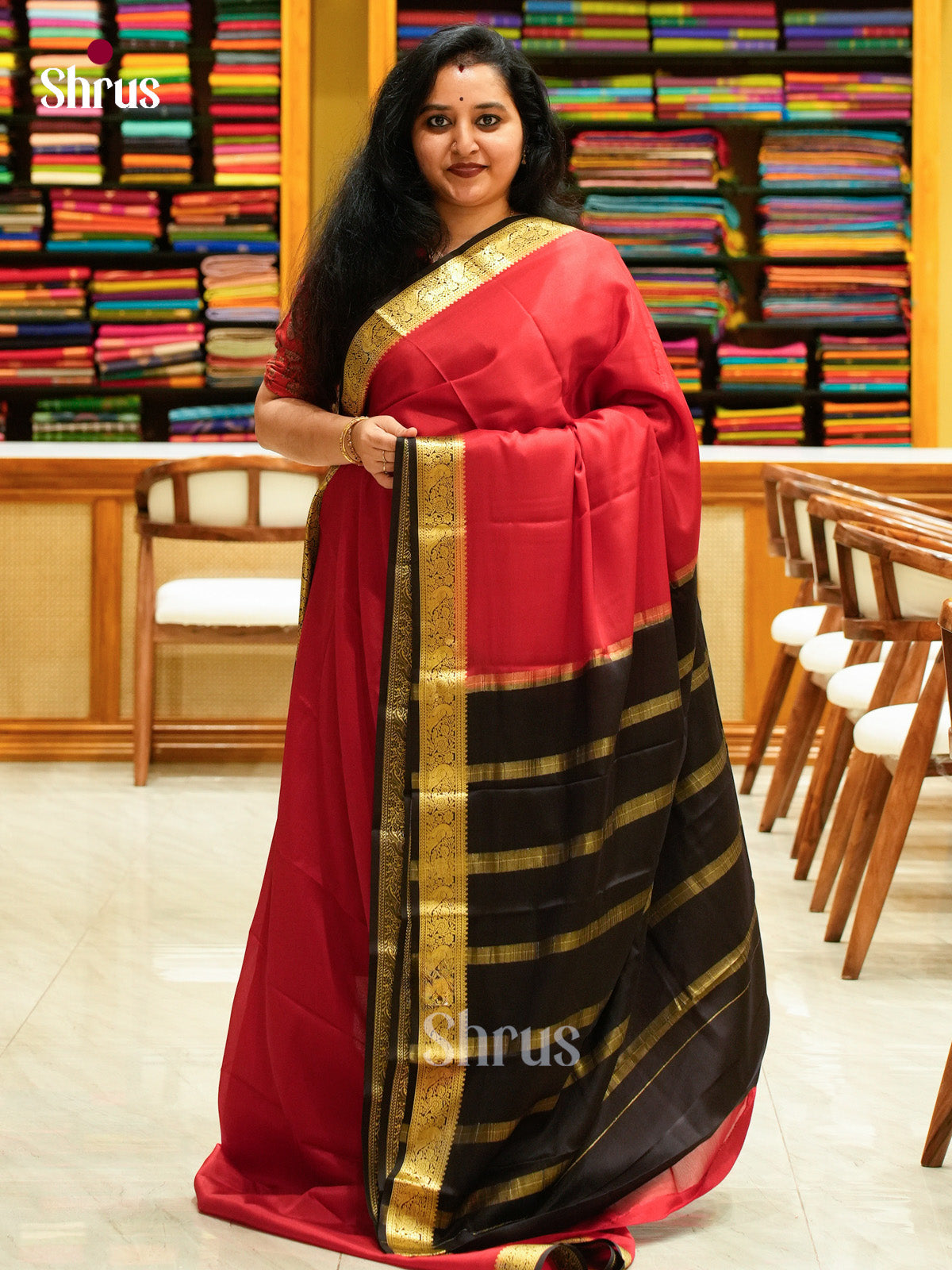 Red Mysore Silk Saree | Black Contrast Border