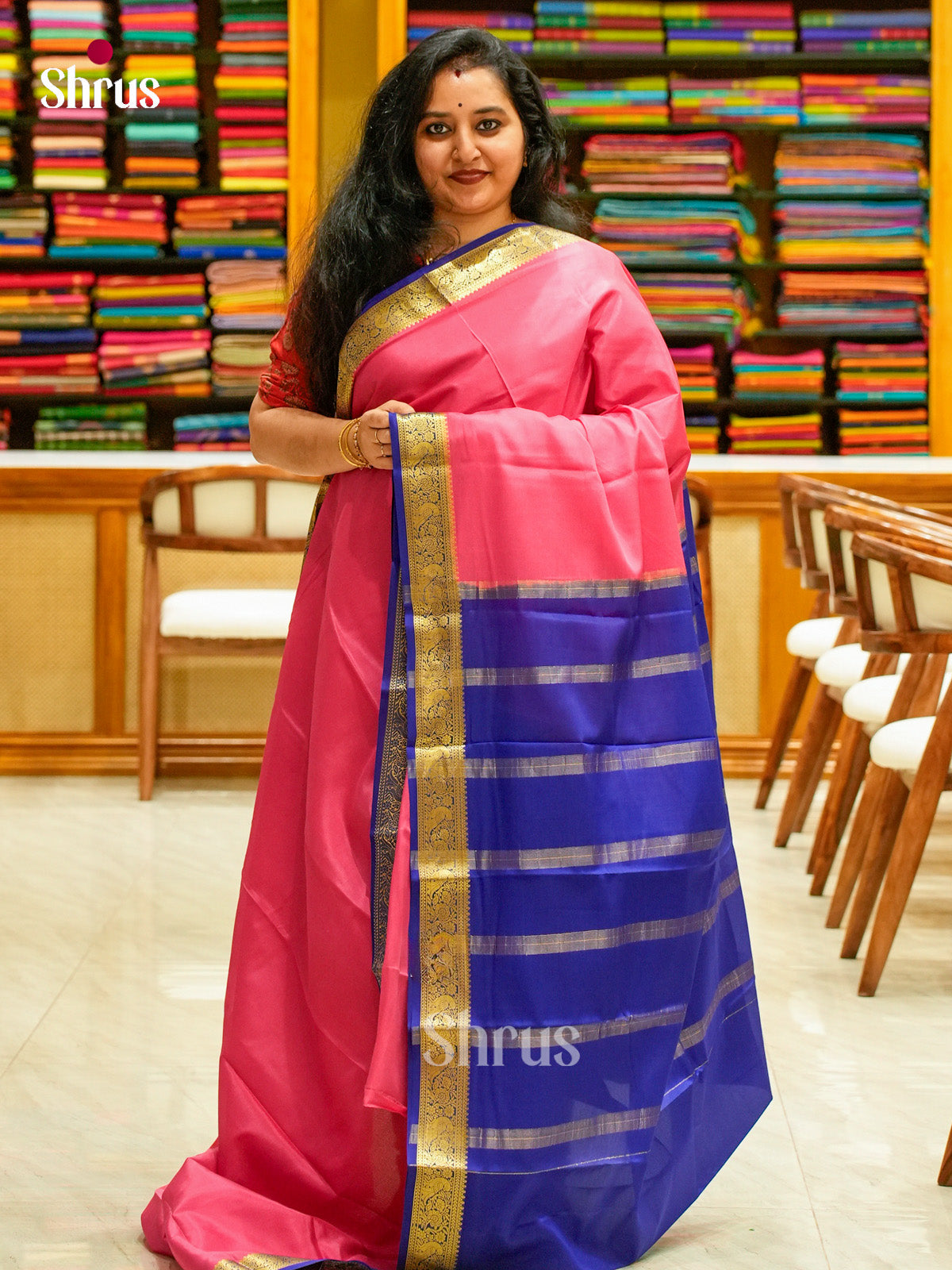 Pink Mysore Silk Saree | Blue Contrast Border - Shop on Shrus.com