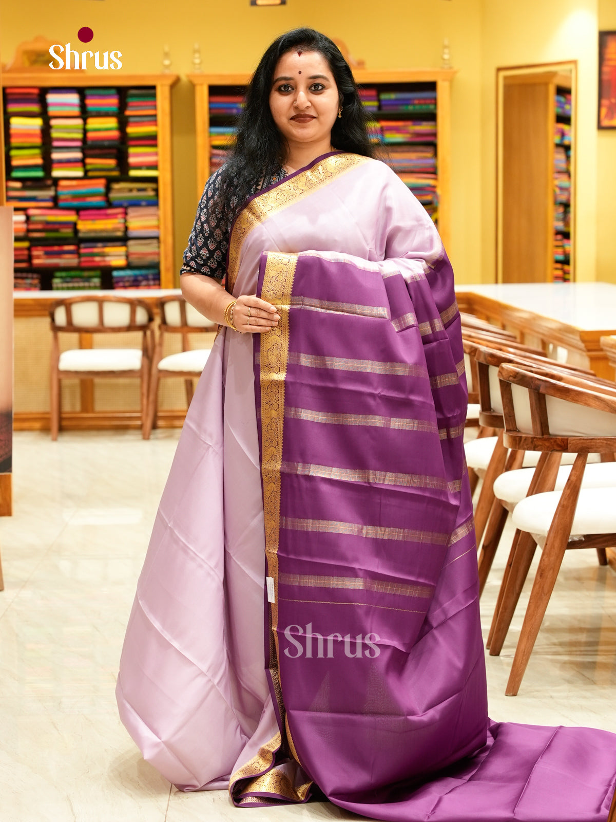 Purple Mysore Silk Saree | Magenta Contrast Border