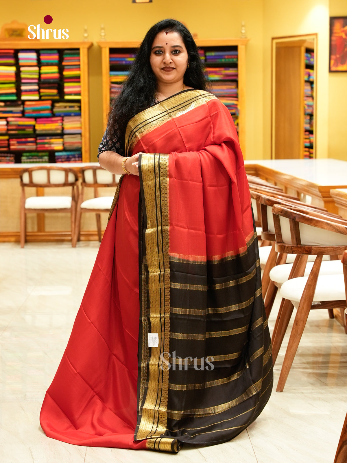 Red Mysore Silk Saree | Black Contrast Border — EGS02060