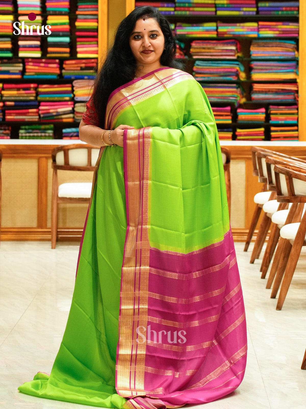 Parrot Green Mysore Silk Saree | Pink Contrast Border - Shop on Shrus.com