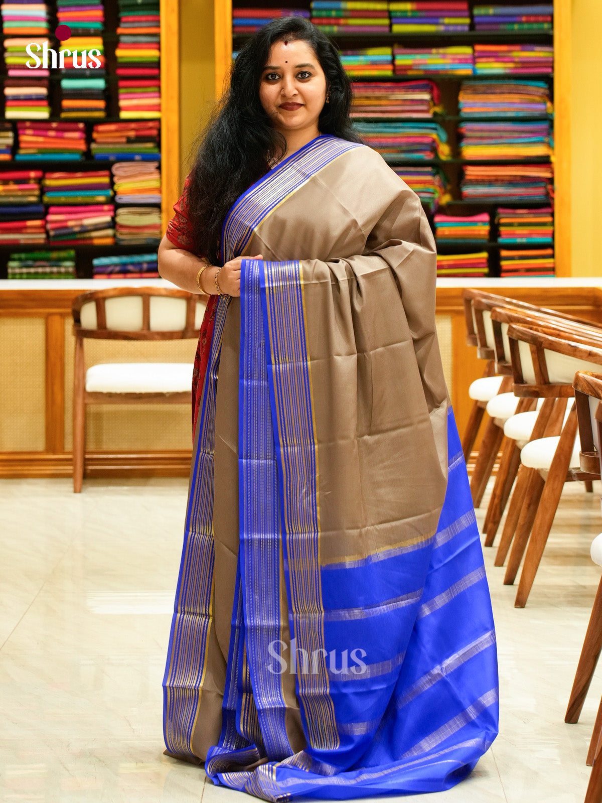 Pale Brown Mysore Silk Saree | Blue Contrast Border