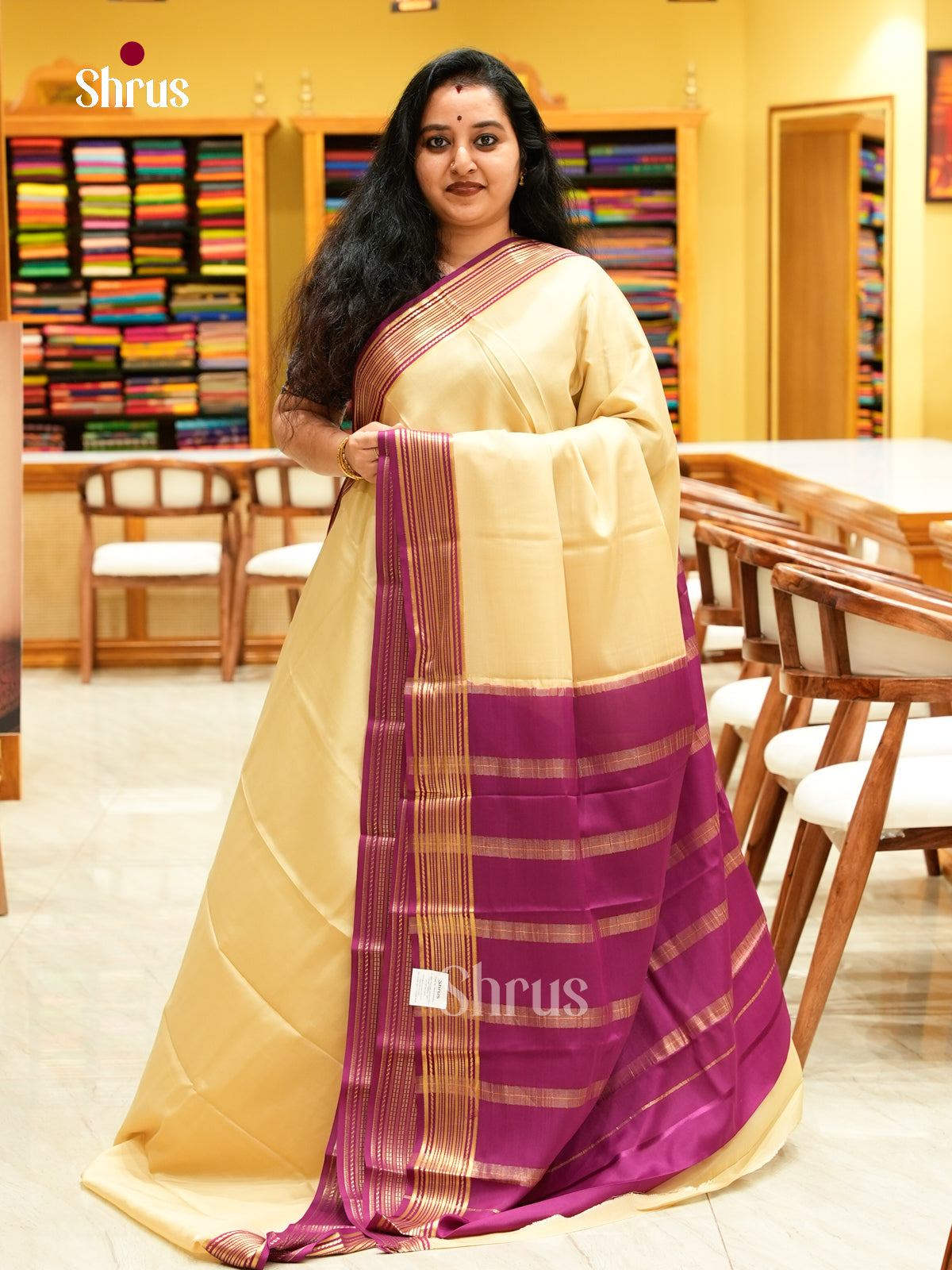 Cream Mysore Silk Saree | Magenta Contrast Border