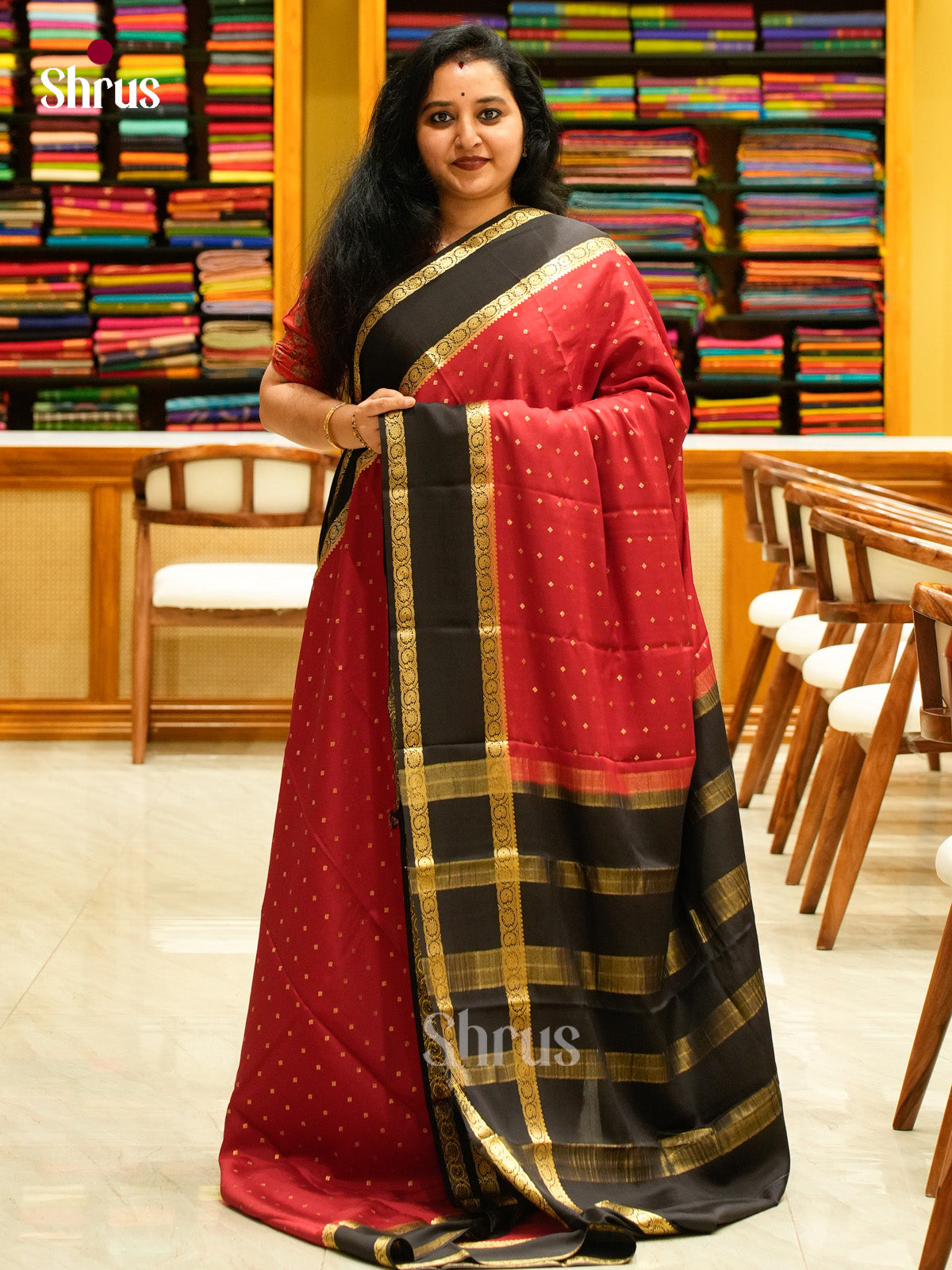 Dark Red Mysore Silk Saree with Floral Buttas | Black Contrast Border