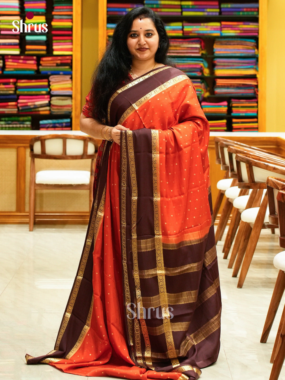 Dark Orange Mysore Silk Saree with Floral Buttas | Dark Brown Contrast Border