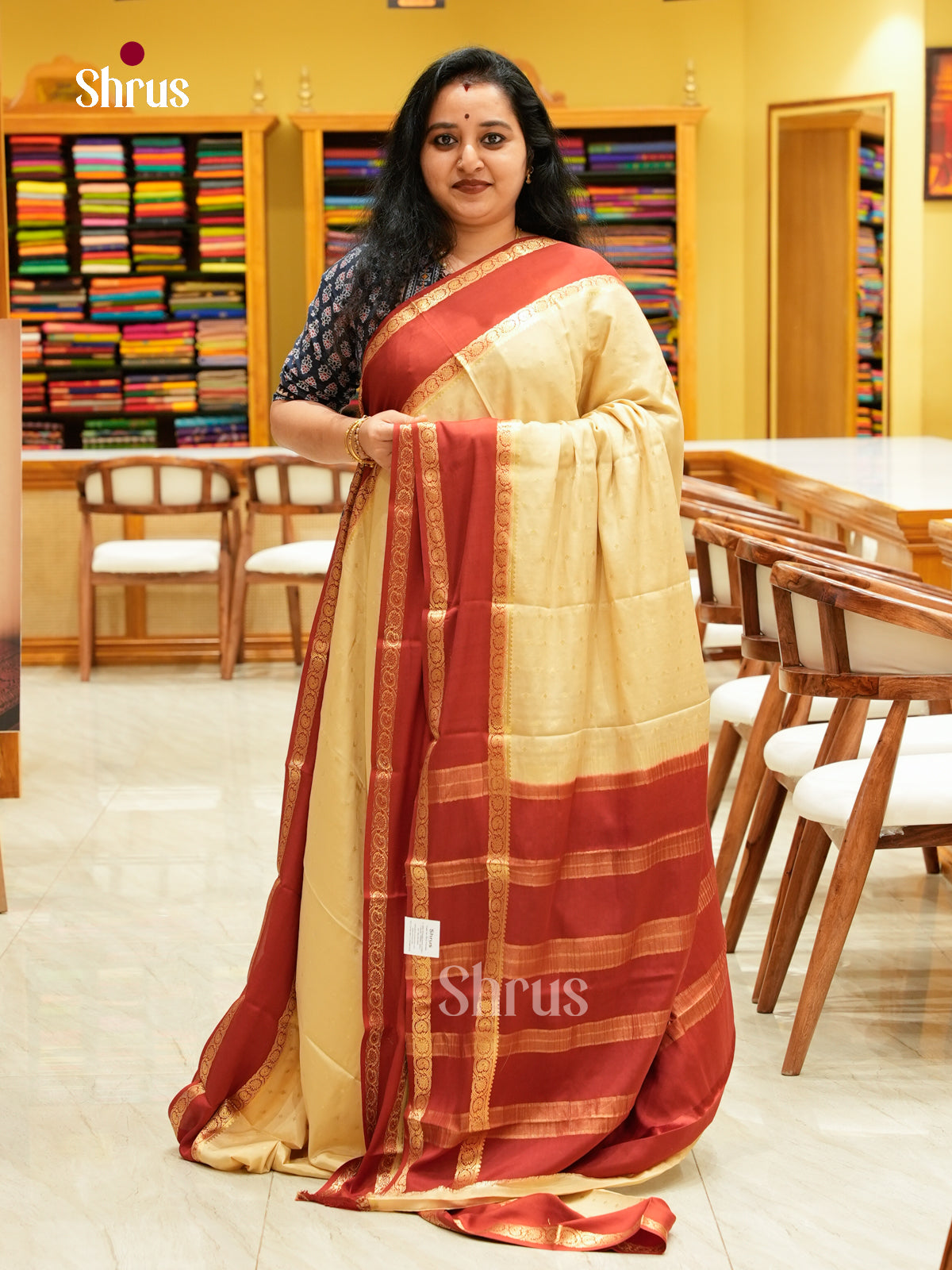 Cream Mysore Silk Saree with Floral Buttas | Red Contrast Border