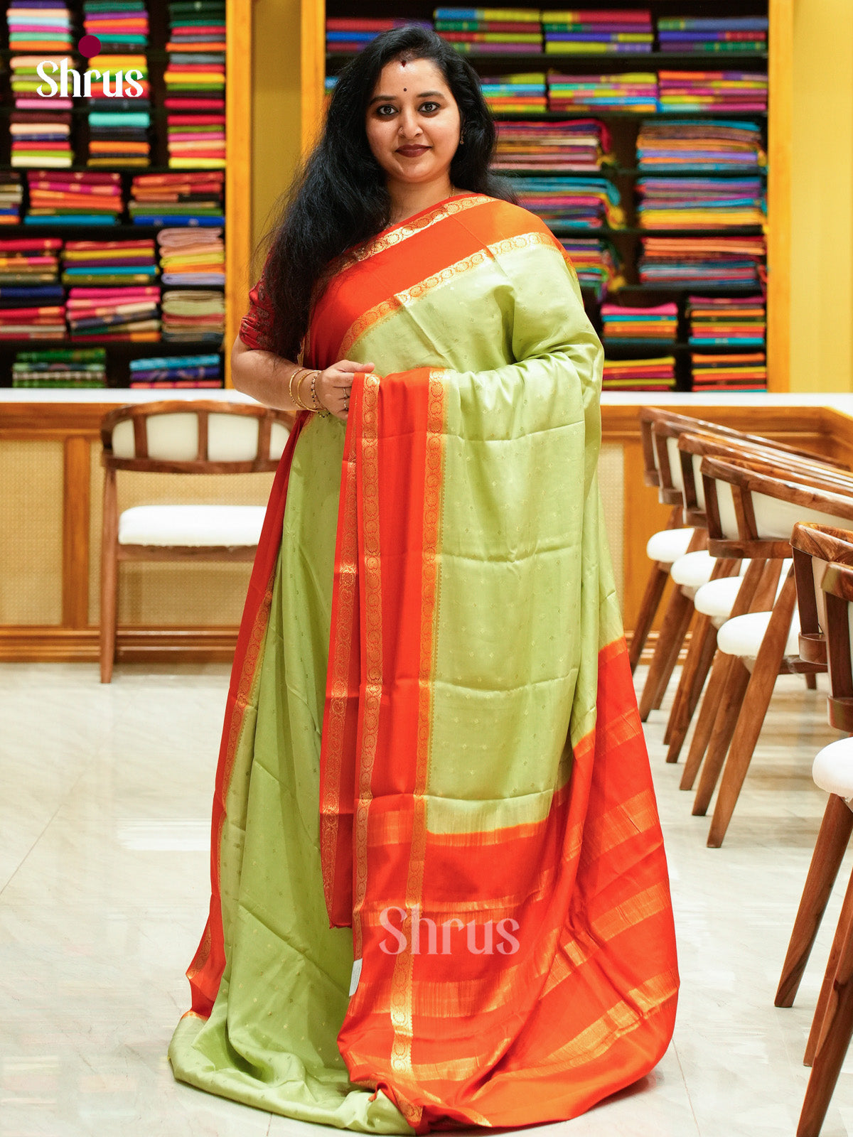 Pista Green Mysore Silk Saree with Floral Buttas | Orange Contrast Border