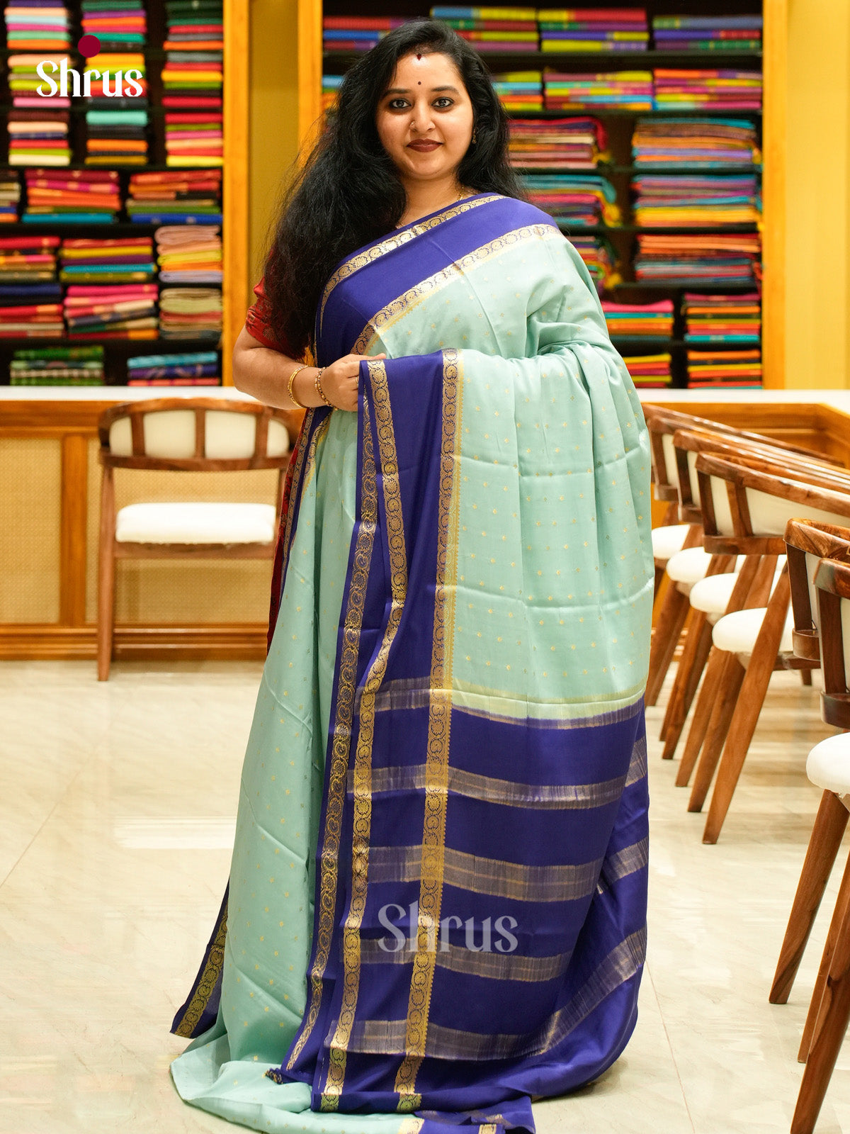 Mustard Mysore Silk Saree with Floral Buttas | Blue Contrast Border