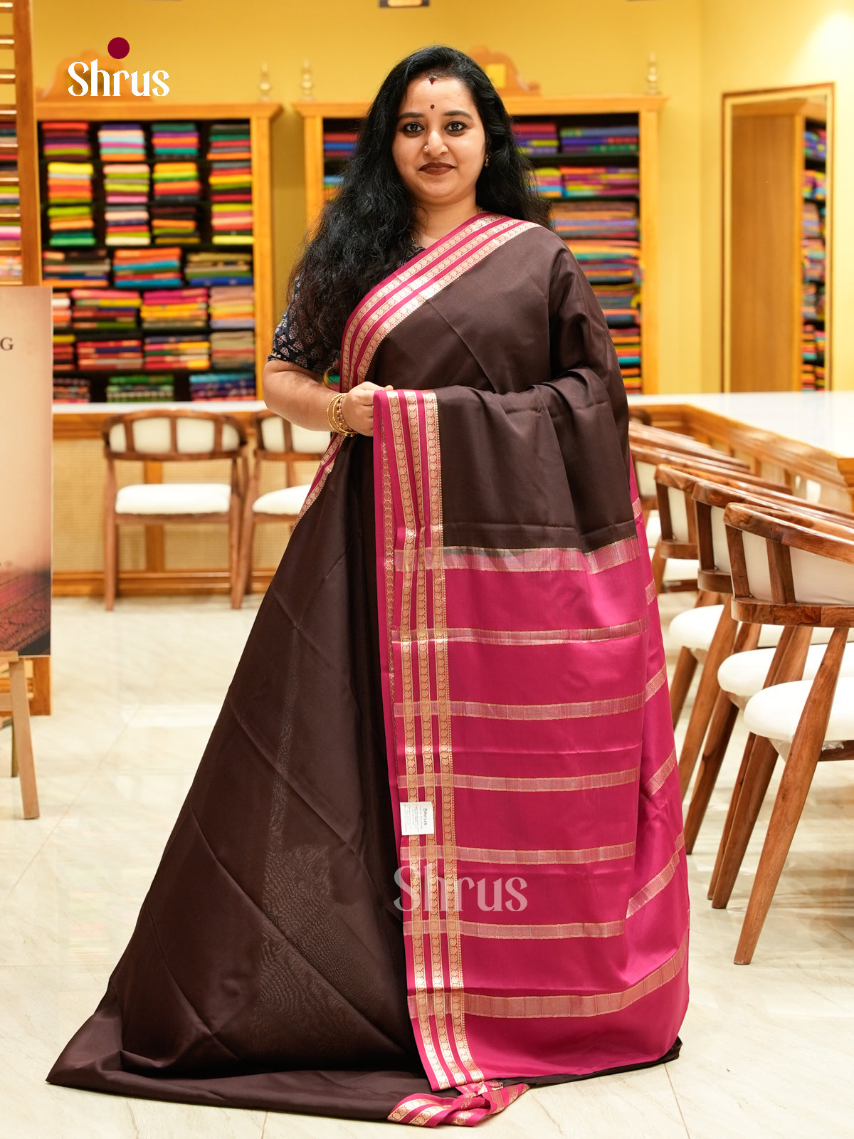 Dark Brown Mysore Silk Saree | Pink Contrast Border