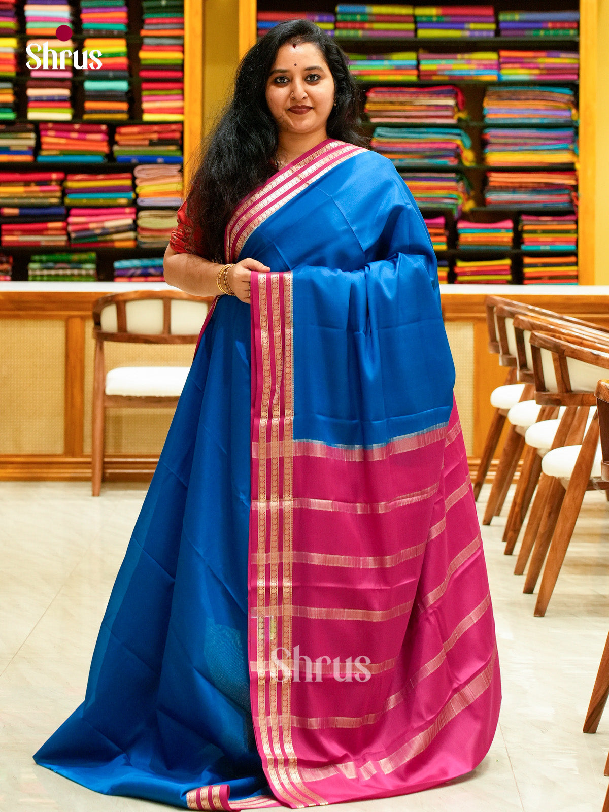 Blue Mysore Silk Saree | Pink Contrast Border - Shop on Shrus.com